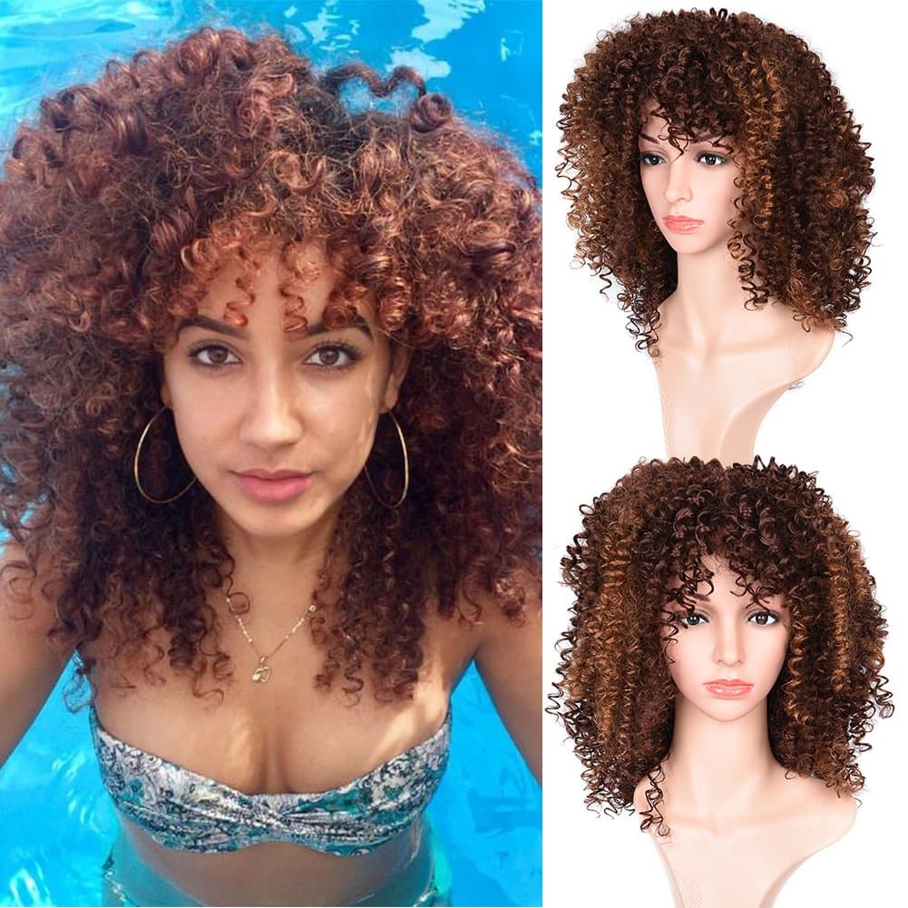 Afro Kinky Curly Blown Color Wigs With Free Wig Cap Synthetic Kinkys Curly Christmas Cosplay Party Wig Full Wigs For Black Women(03M17-blown color)