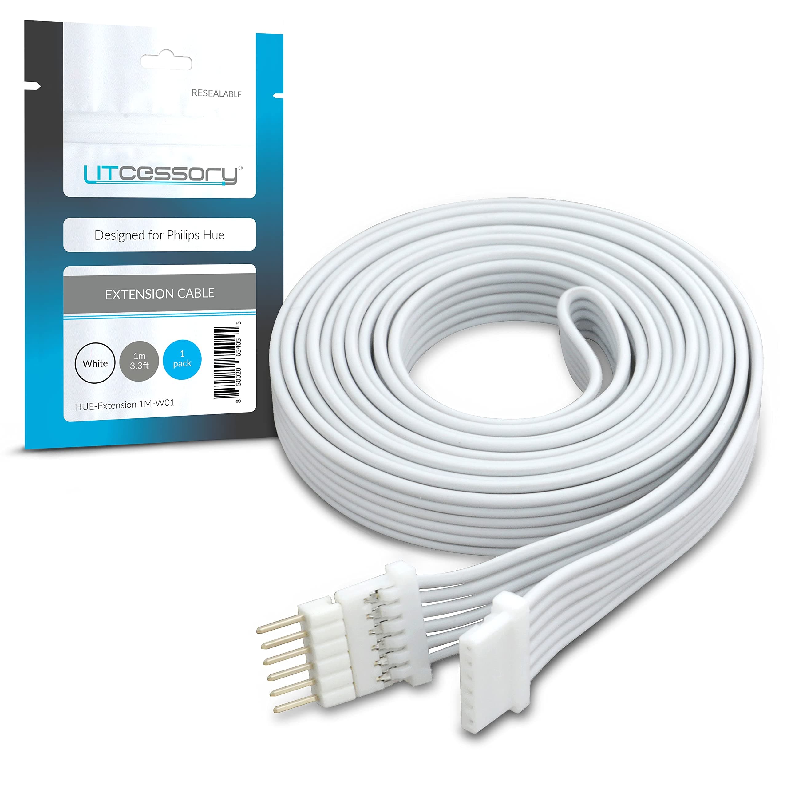 Litcessory Extension Cable for Philips Hue Lightstrip Plus (1m, 1 Pack, White - MICRO 6-PIN V4)