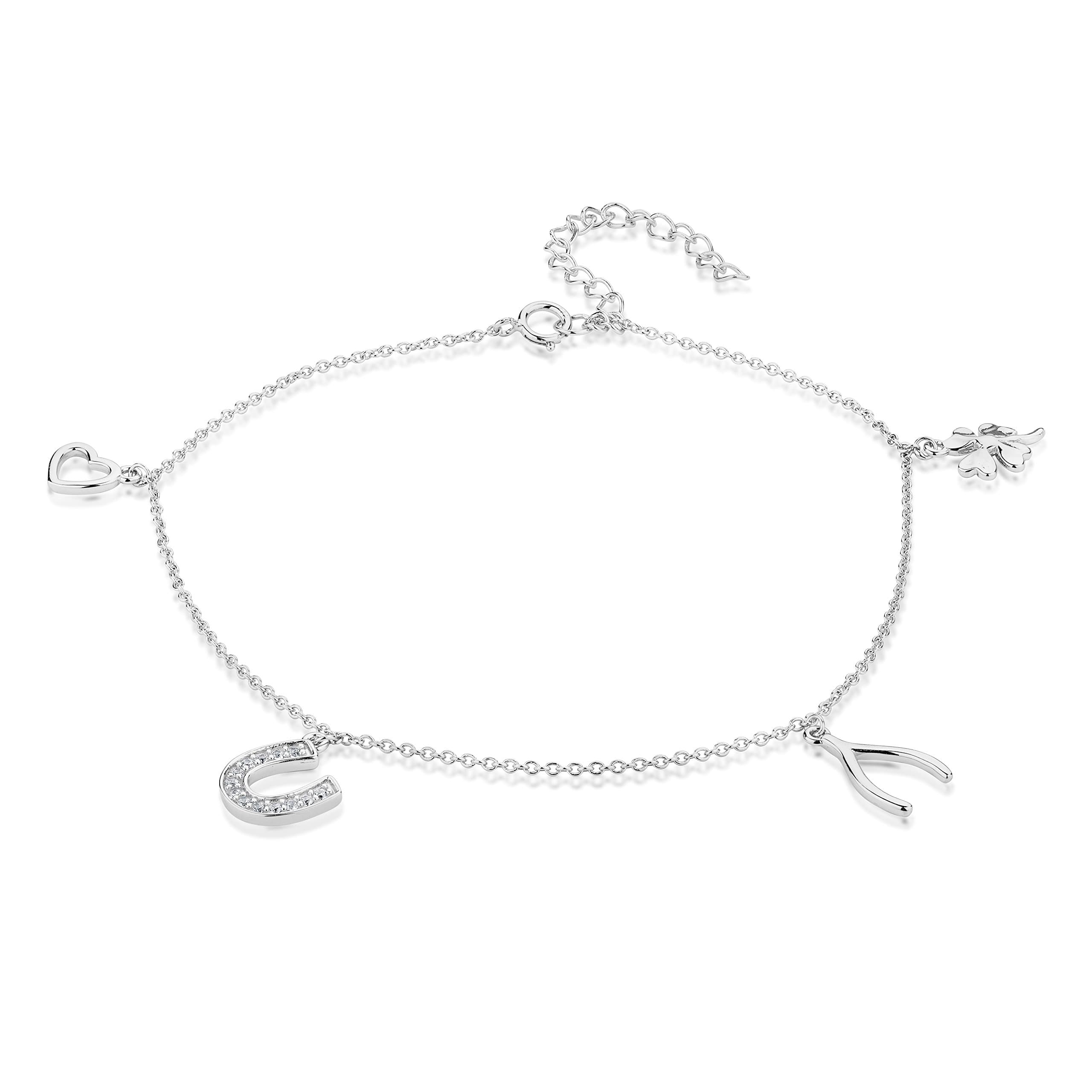 Sterling Silver Cubic Zirconia Lucky Charm Anklet 9''