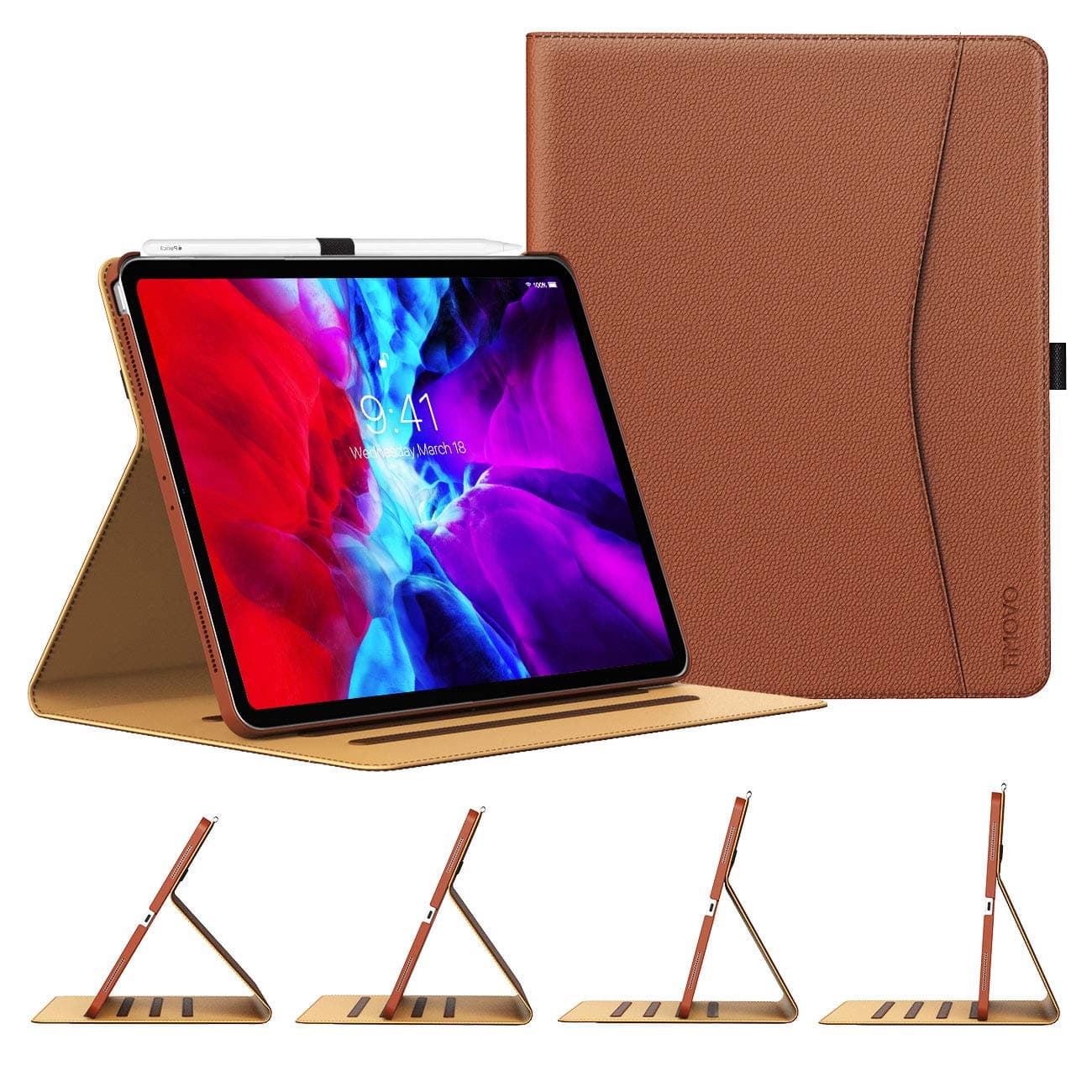 TiMOVO Case for New iPad Pro 12.9 Inch 2020 (4th Generation), [4 Viewing Angles] PU Leather Folding Folio Case Cover, Support Apple Pencil Pair & Charging with Auto Wake/Sleep - Brown