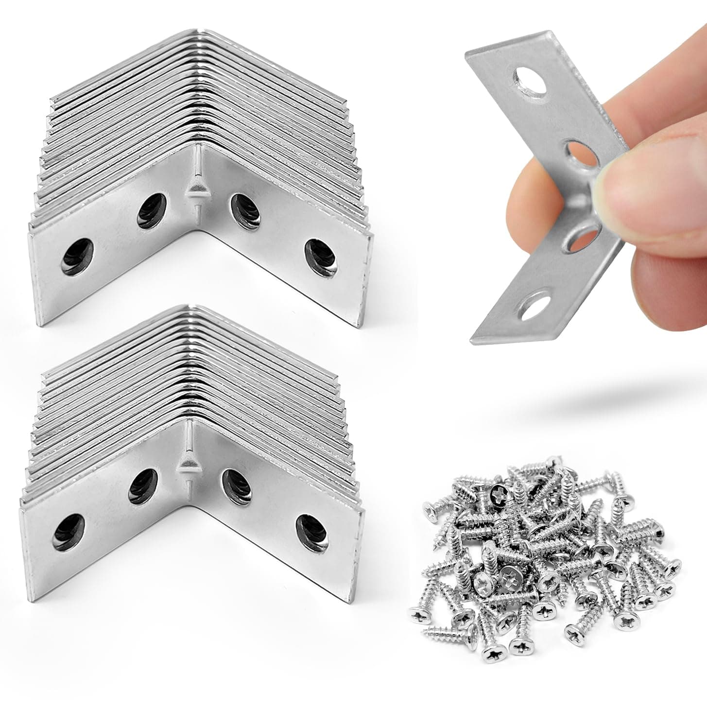 ZAVIA Angle Brackets Corner Bracket for Wood 32 Pcs | 25mm x 25mm x 13mm | Galvanised Steel Brackets with 128 Screws for Fixing and Repairing Furniture, Shelves, Windows and Cabinets