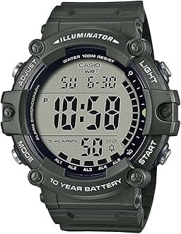 Illuminator 10-Year Battery Extra Long Strap 100 M Water Resistance 5-Alarm w/Countdown Timer Men's Digital Watch, Green, AE-1500WHX-3AVCF, Green, Sport
