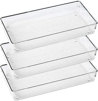 IHOMECOOKER 3 Pack Clear Plastic Drawer Organizer Tray Cutlery Utensil Makeups Drawer Organizers 12" X 6"