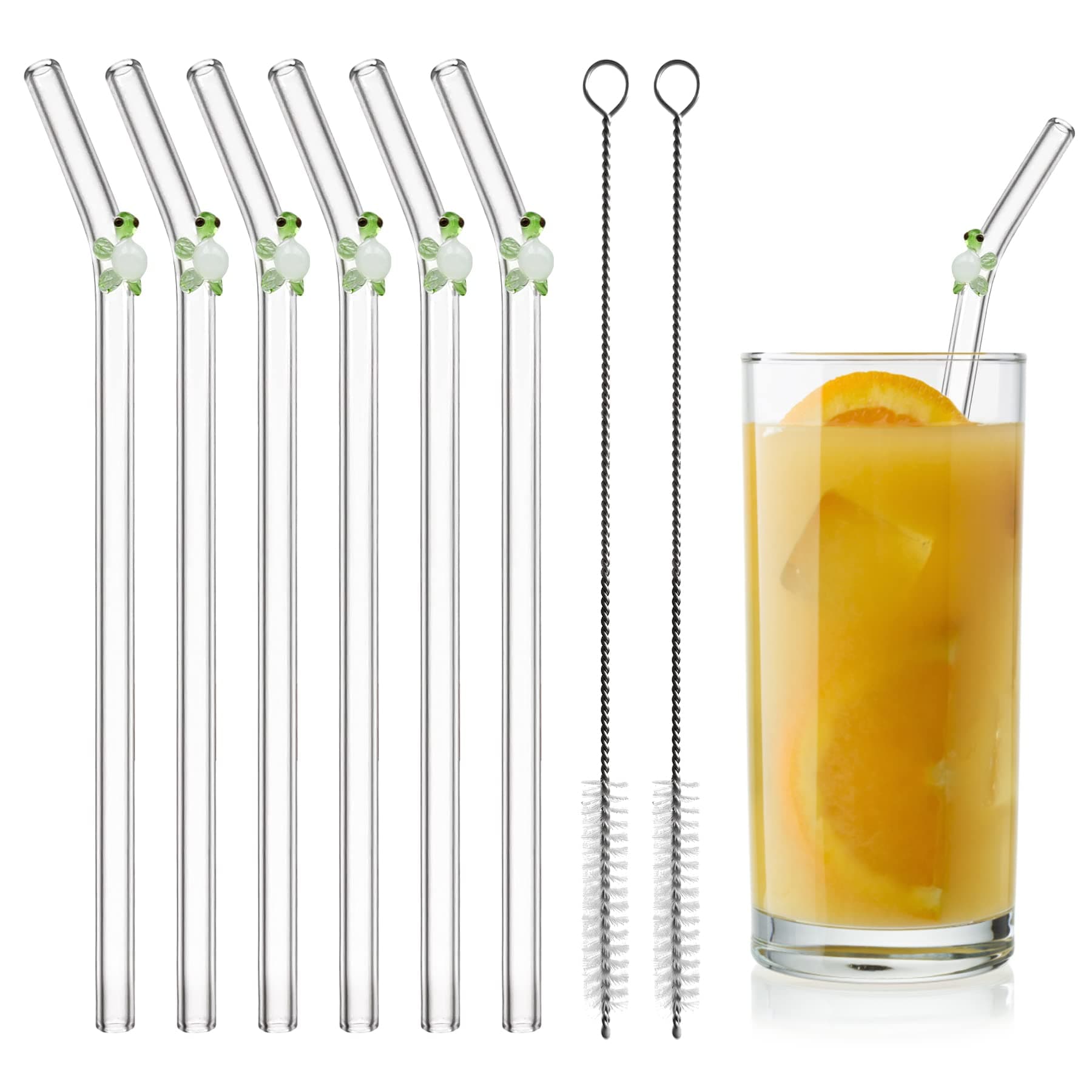 Glass Straws Reusable Drinking Straws, Set of 6 with 2 Cleaning Brushes, with Little Turtle, Shatter Resistant Straws with Design, Curved Design for Smoothies, Cocktails, and Beverages