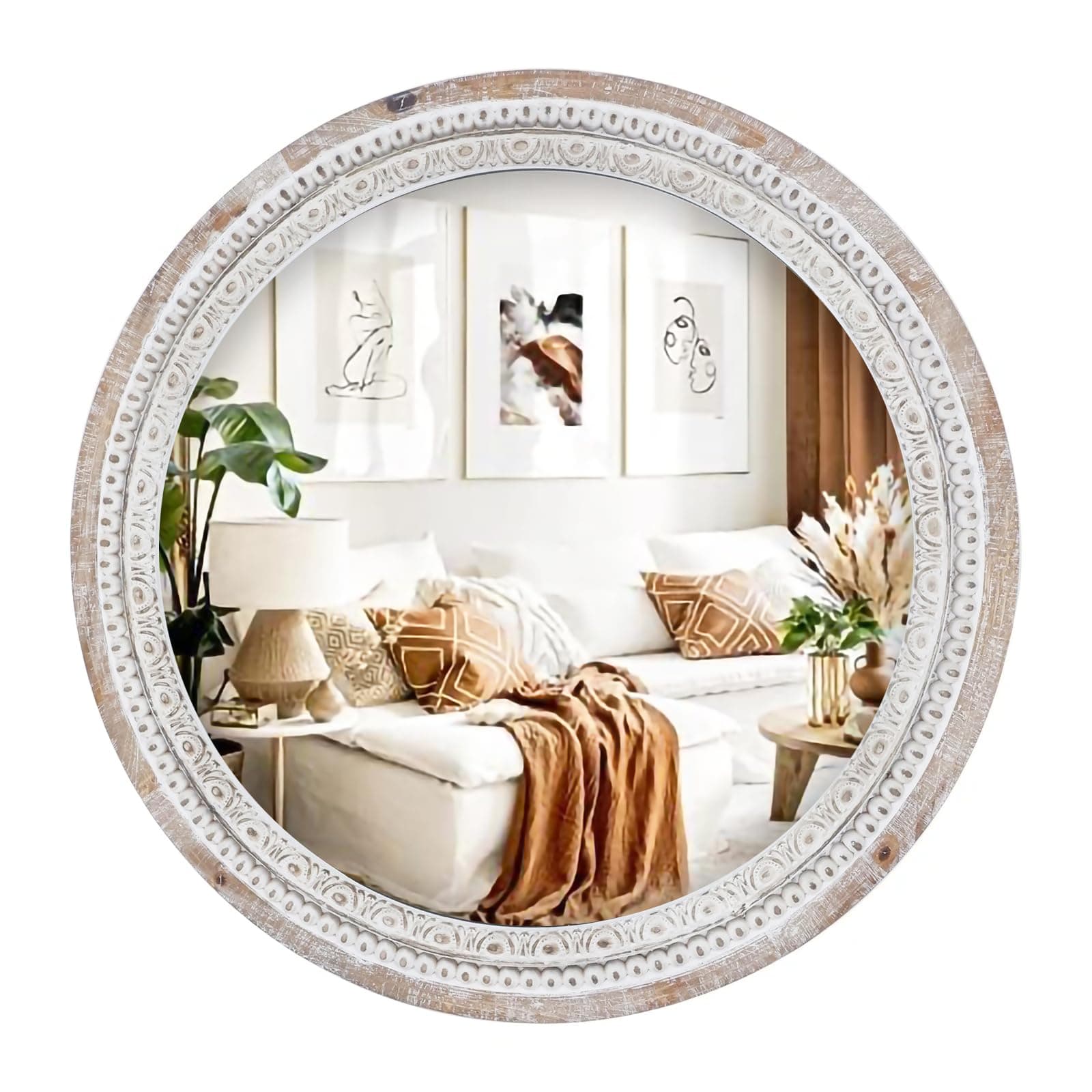 24 Inch Round Mounted Wall Mirror, Farmhouse Circle Decorative Mirror with White Wash Beads, Wooden Frame Rustic Boho Mirror for Bedroom, Bathroom, Living Room, Entryway Decor