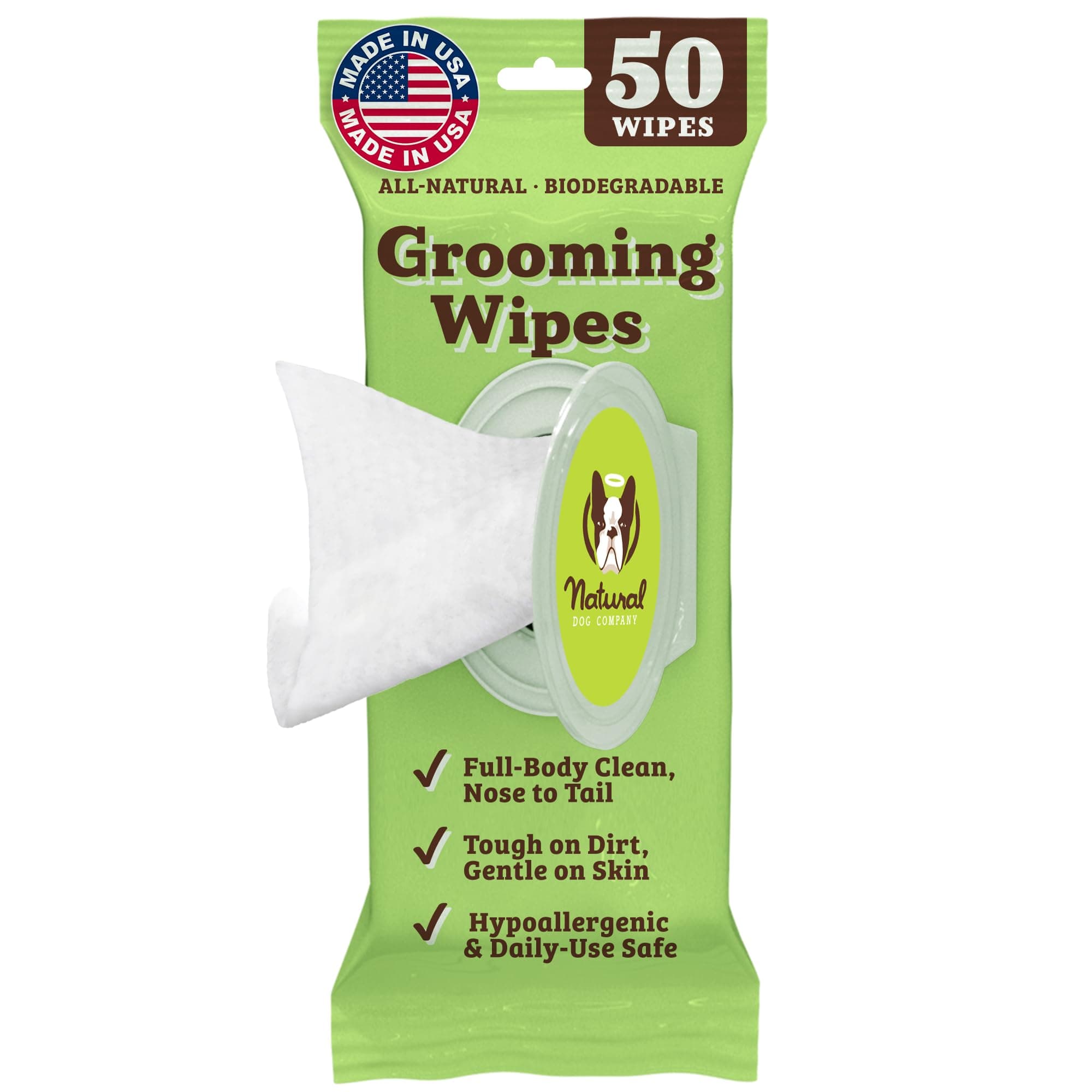 Natural Dog Company XL Grooming Wipes for Dogs – Hypoallergenic, Biodegradable, Fragrance Free – Aloe Vera & Witch Hazel – 7×8 Wipes for Paws, Face, Ears & Butt – Sensitive Skin Pet Wipes - 50 Count