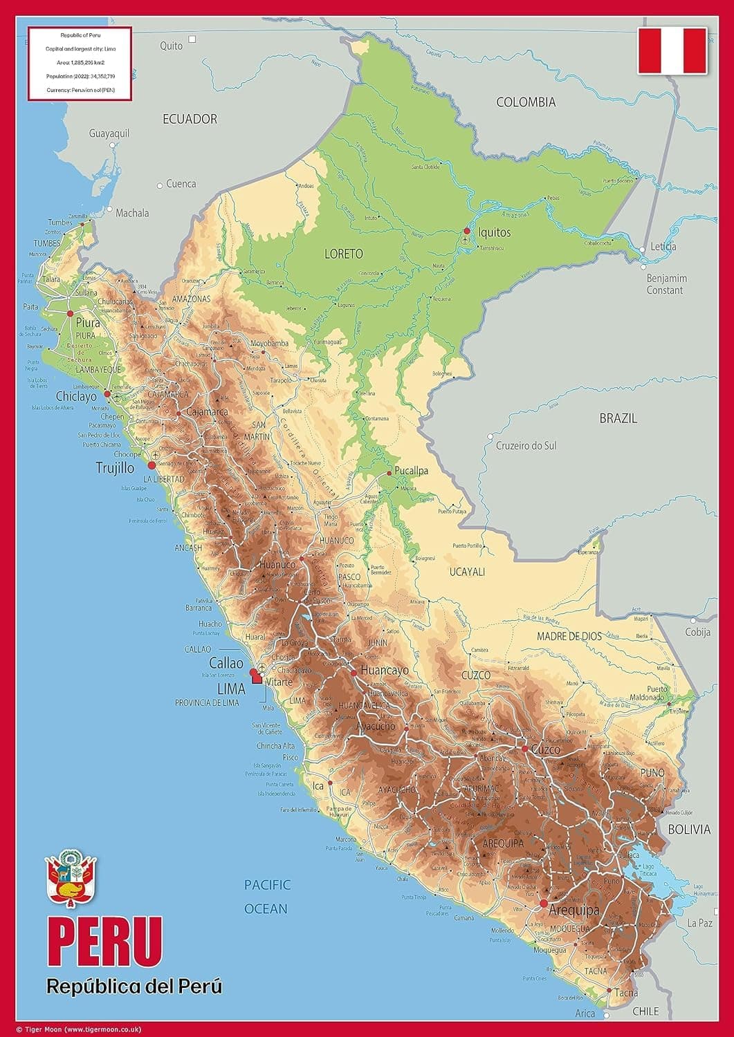 Peru Physical Map - 23.3 x 16.5 Inches - Paper Laminated