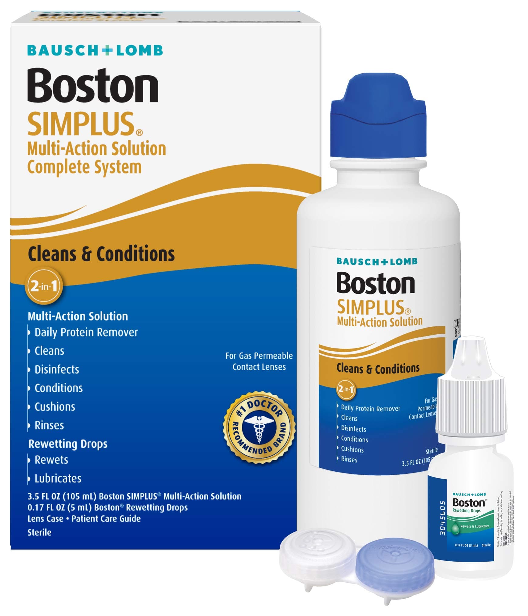 Boston Simplus Contact Lens Solution Kit, for Gas Permeable Contact Lenses, 3.5 Fl Oz Multi-Action Solution, 0.17 Fl Oz Rewetting Drops, Lens Case Included