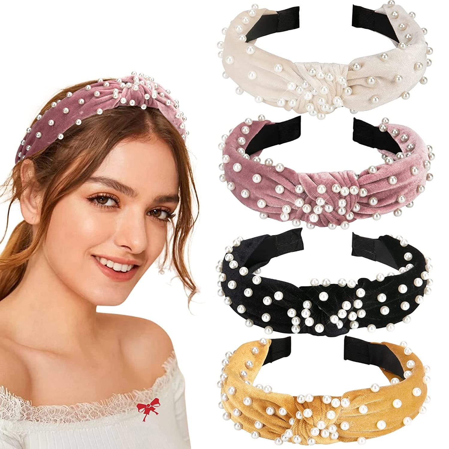 Pearl Headbands for Women, Beaded Headband Non Slip Wide Top Knot Head Bands, Black White Pink Gold Headband with Pearls Hair Accessories for Women and Girls Daily Festival Gifts