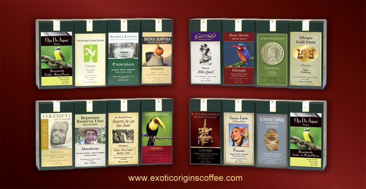 Exotic Origins Coffee: Assortment of 12 Different Coffees, 88 Points and Above – From Ethiopia, Honduras, Colombia, El Salvador, and Panama – Limited Reserves – One Sequentially Numbered Box of Each – Whole Bean – 6 Oz. Save 30% Off the Regular Single Box Price!