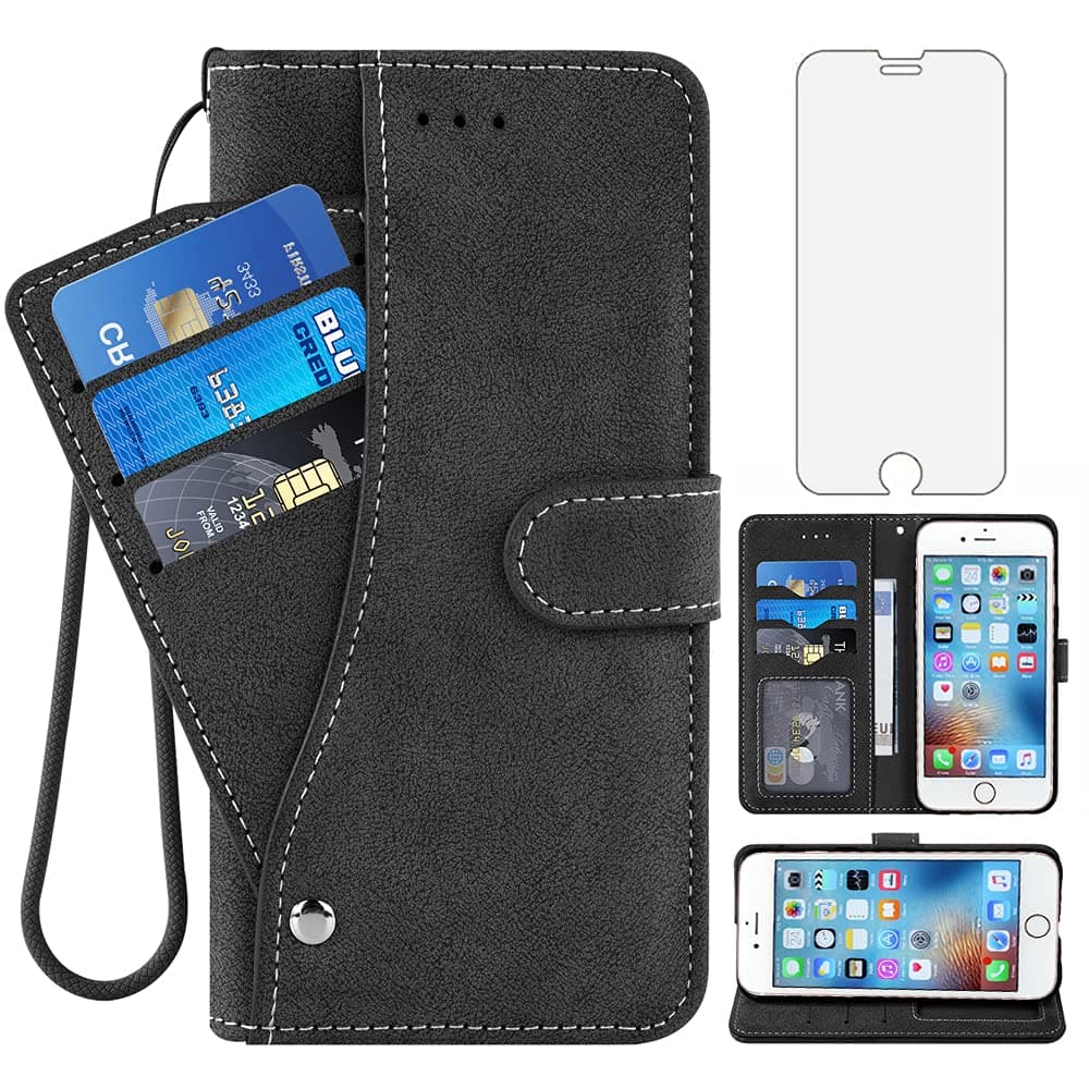 Asuwish iPhone 7 Plus/8 Plus Wallet Case,Leather Phone Cases with Screen Protector Tempered Glass Card Holder Slot Stand Flip Protective Cover for Apple iPhone7+ iPhone8+ 7Plus/8Plus i 7+ 8+ Black