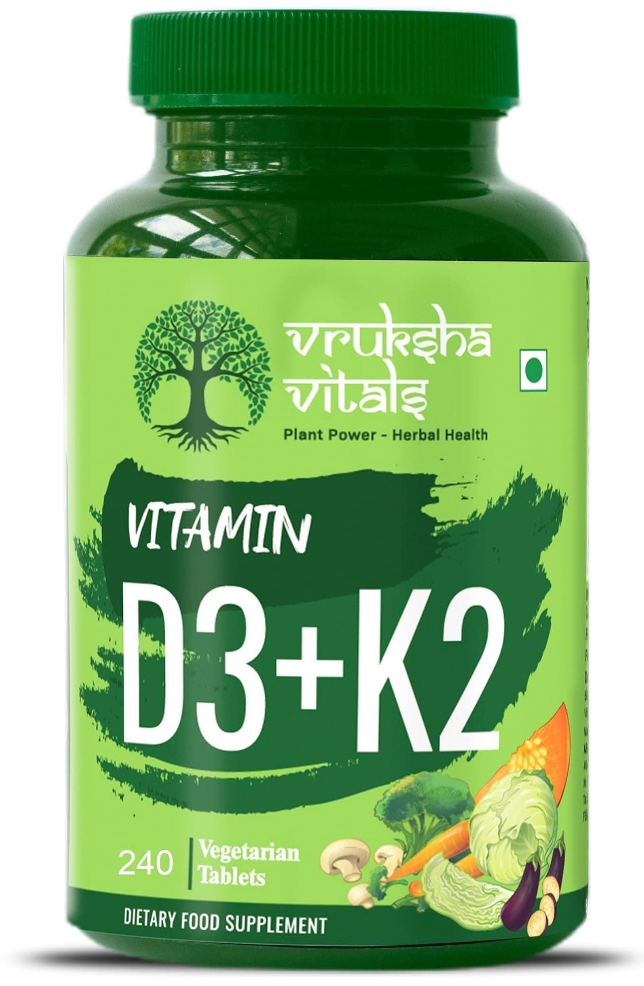 Vruksha Vitals Vit D3 & K2 100% RDA, 120 (+120 Extra)= 240 Tablets - For Adults & Kids - Plant based Vitamin D3 600 IU & Vitamin K2 as MK7 55 mcg, Vitamin D & Vit K Vegan Tablets/Capsules Supplement