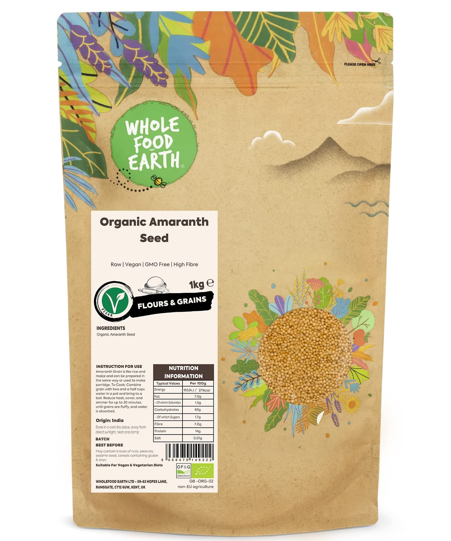 Wholefood Earth Organic Amaranth Seed – 1 kg | Raw | Vegan | GMO Free | High Fibre | Certified Organic