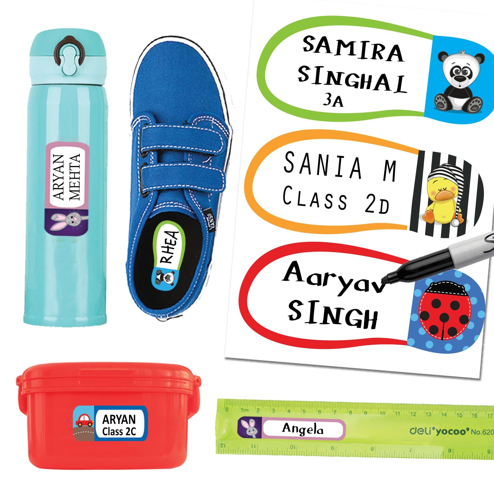 96 Write-on Stickers for Kids in 4 Sizes | Waterproof Stickers for Bottles, Shoes, Lunch Box, Baby Bottles etc.| Self-Adhesive Name Stickers Label for School | Cute Stickers for Kids |