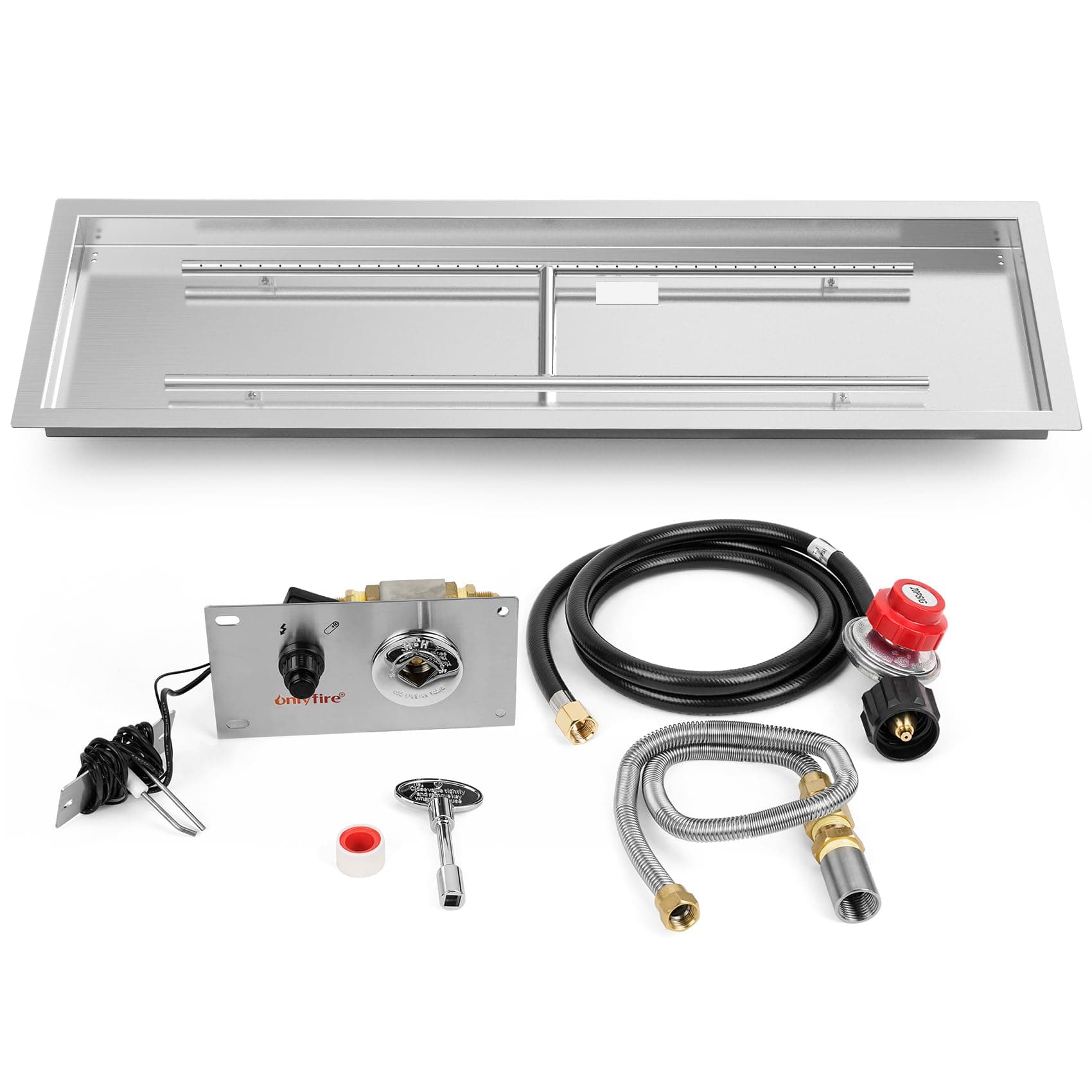 Onlyfire 48 x 14 Inch Drop-in Fire Pit Pan Kit, Rectangular Stainless Steel Propane Gas Firepit Pan Kit with H Burner, Spark Ignition and Propane Hose Kit for Indoor or Outdoor DIY Fire Pit Fireplace