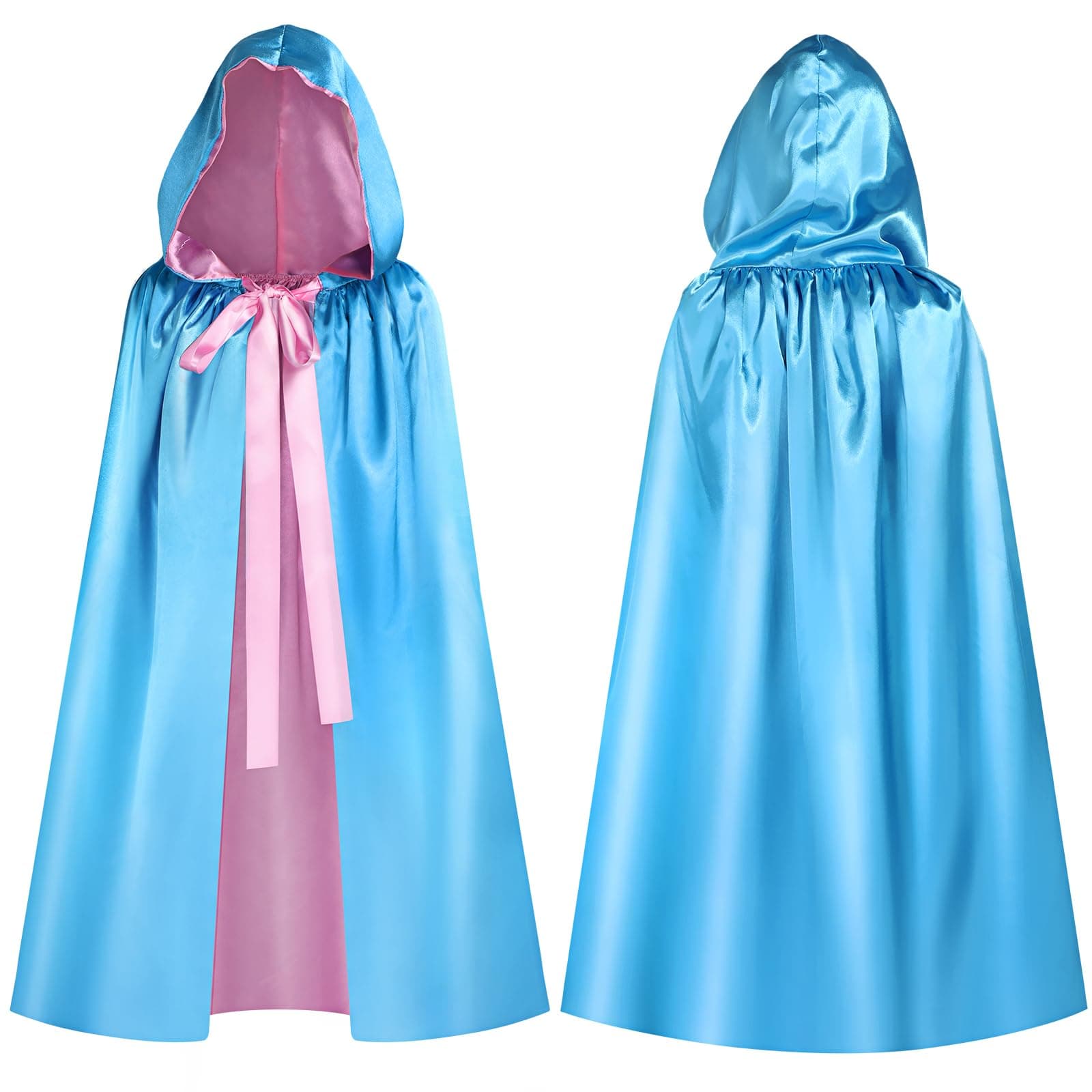 Blue Fairy Hooded Cloak Costume, Polyester Cape Cosplay Cloak Princess Costume with Pink Ribbon for Women