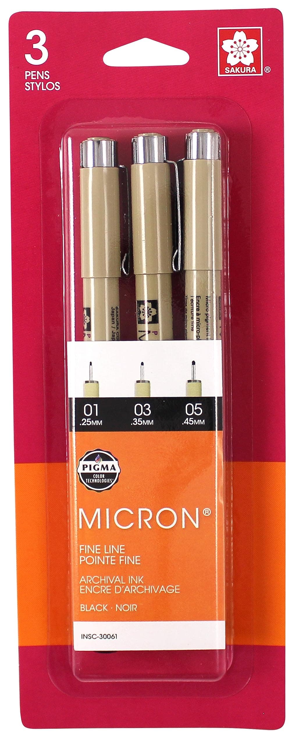 30061 3-Piece Pigma Micron Blister Card Ink Pen Set, Black