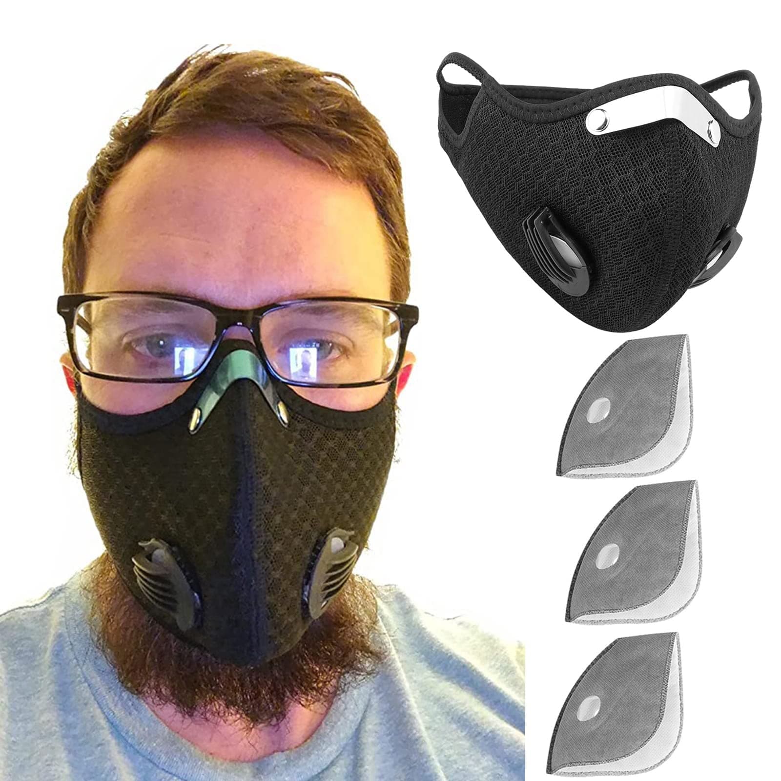 Black Face Mask with Filters Unisex Reusable Face Masks Adjustable Washable Masks with 3 Replaceable Filters for Cycling, Running, Outdoor Sports