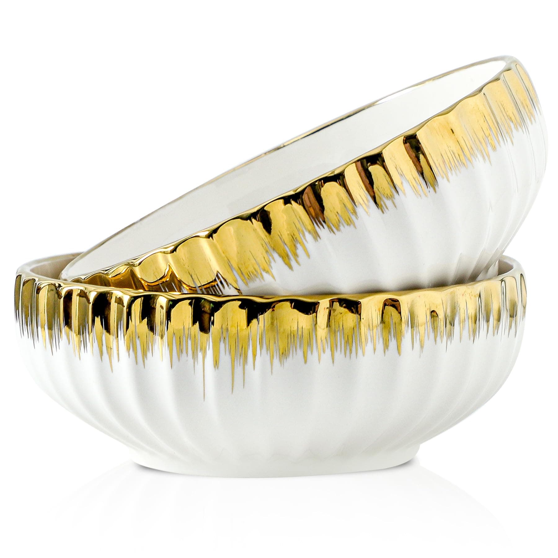 LETAOTAO Serving Bowls, 8 inch Large Salad Bowls, Ceramic Bowl Set of 2 White Bowl with Gold Trim, Kitchen Decorative Bowls Set for Kitchen, Salad, Soup, Pasta and Dinner(60 oz)