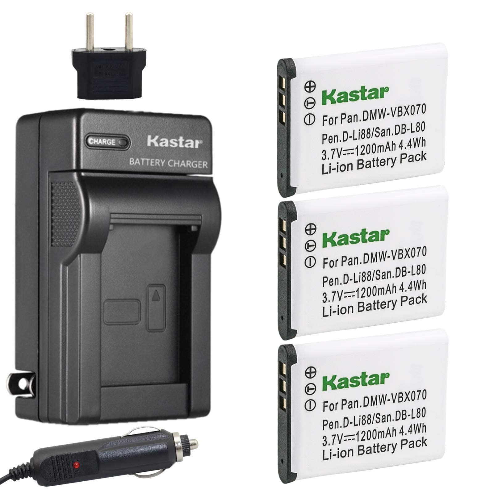 VW-VBX070 Battery (3-Pack) and Charger Kit for Pentax D-Li88, Panasonic VW-VBX070, Sanyo DB-L80, DB-L80AU Battery and Digital Cameras (Search Your Camera Model Down Description)