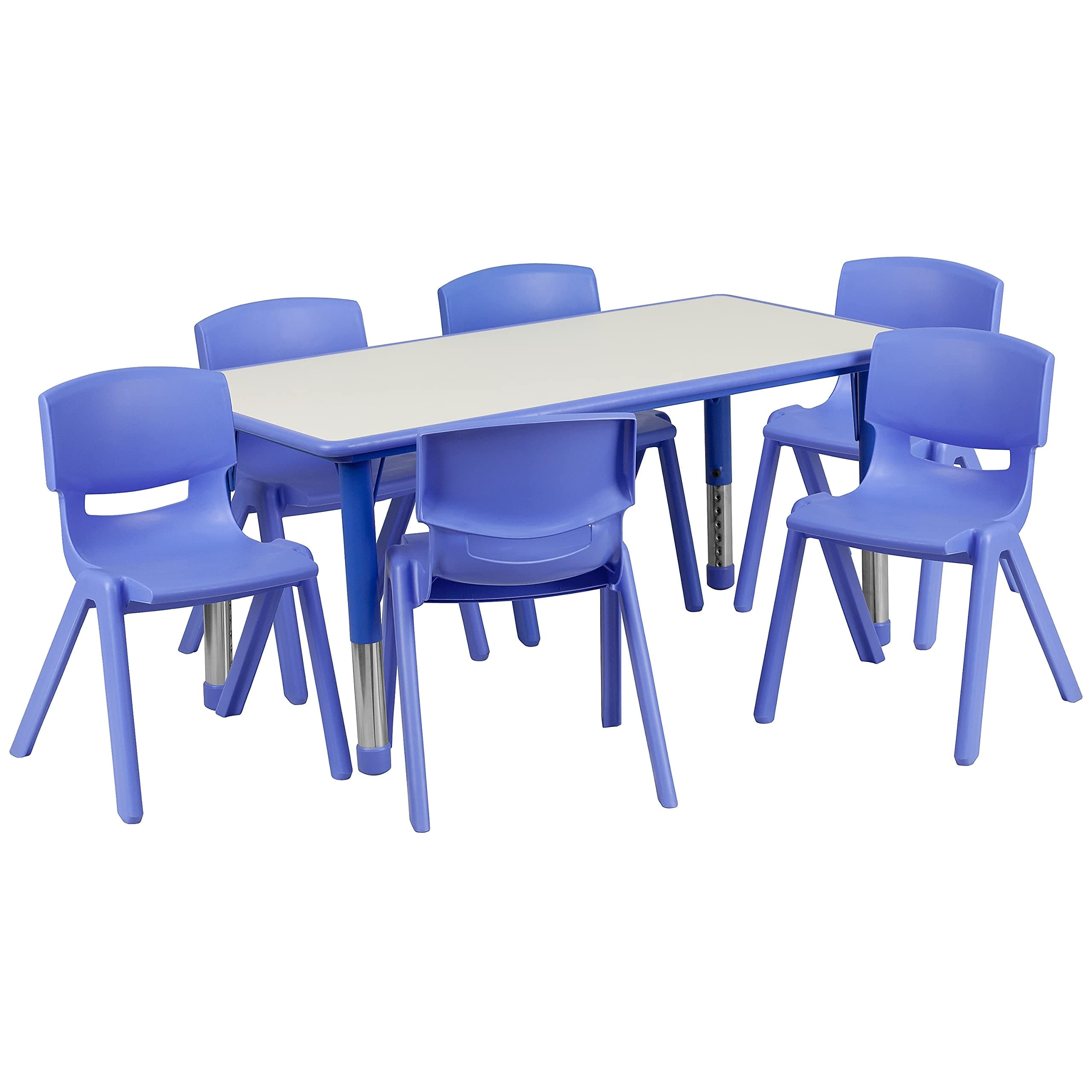 Flash Furniture Emmy Adjustable Classroom Activity Table with 6 Stackable Chairs, Plastic Activity Table for Kids, 23.625" W x 47.25" L, Blue/Gray