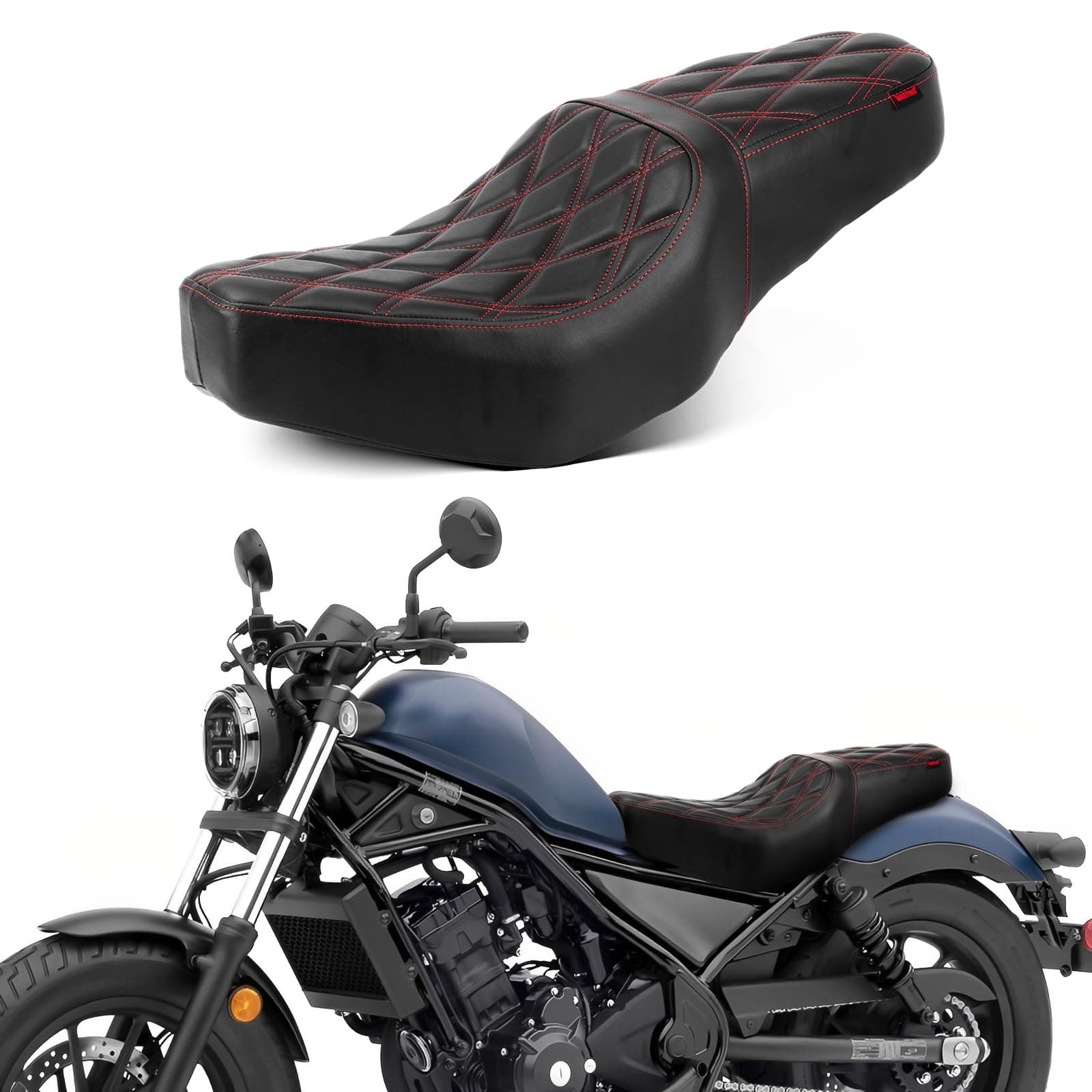 Low-Profile One-Piece Driver and Passenger Seat with Diamond Pattern Stitching for Honda Rebel CMX 300 CMX 500 2017 2018 2019 2020 2021 2022 2023