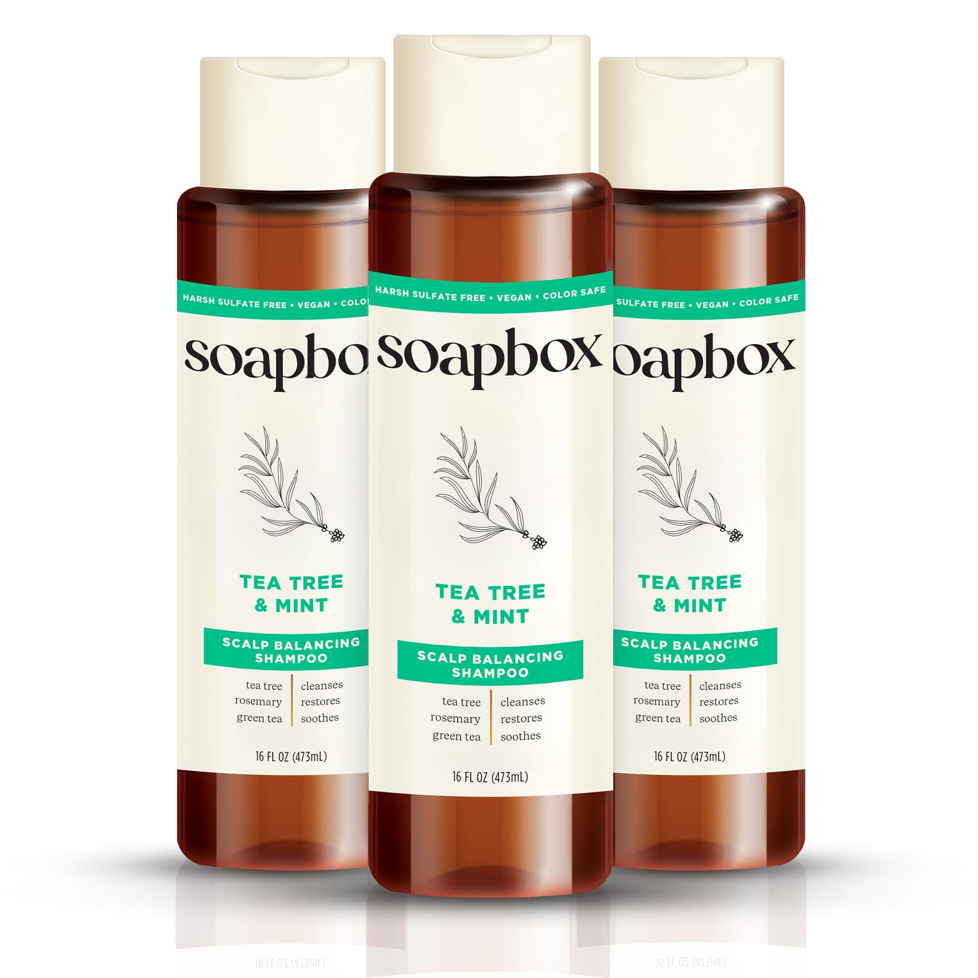 Soapbox Shampoo, Vegan & Cruelty Free Hydrating Shampoo with Tea Tree with Shea Butter, Color Safe, Paraben and Harsh Sulfate Free All Natural Hair Cleanser, 16oz (Pack of 3)
