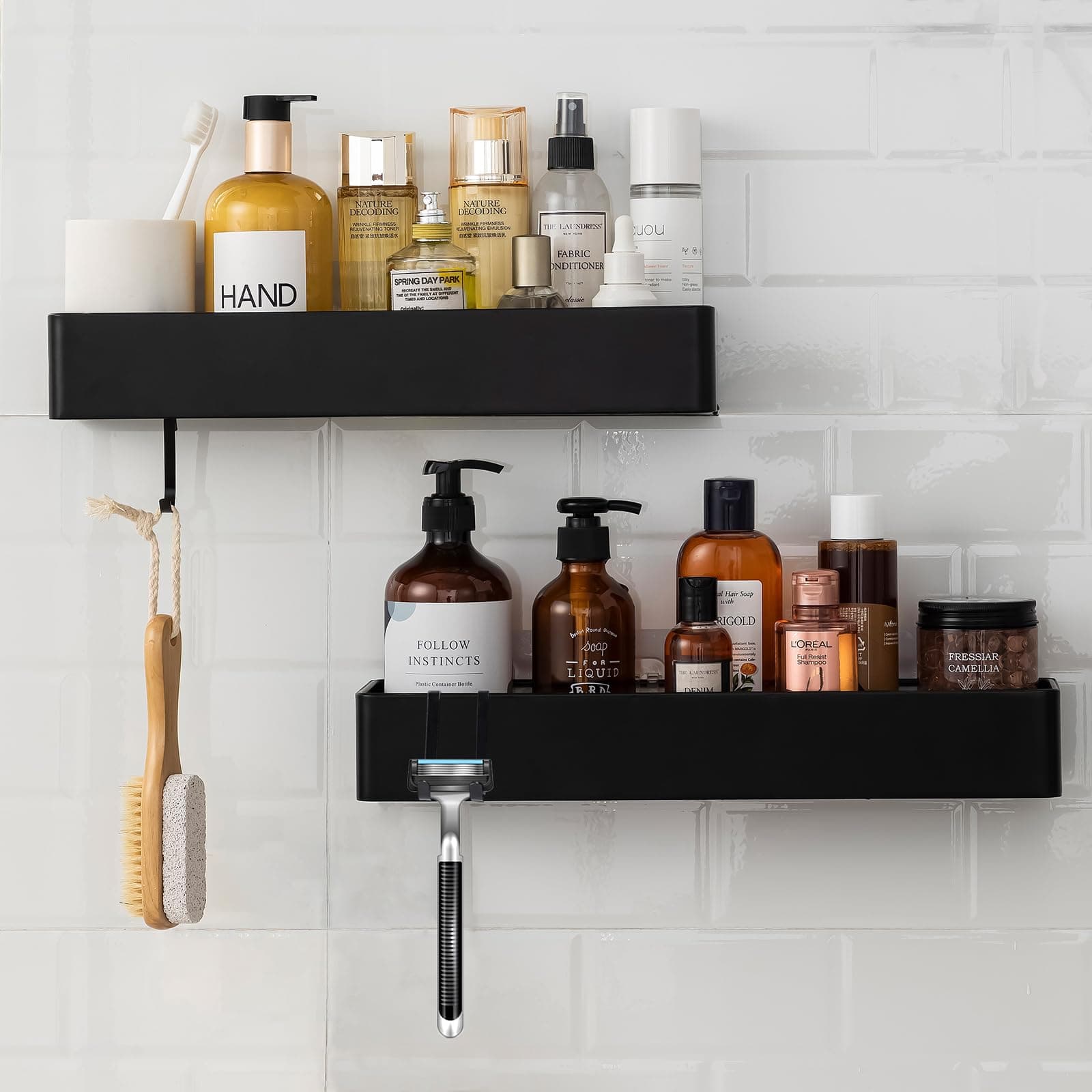 NOSTHEART 2 Pack Black Shower Shelves, No Drilling, Quick-Dry Shower Organizer with Large Capacity, Bathroom Storage with 4 Hooks