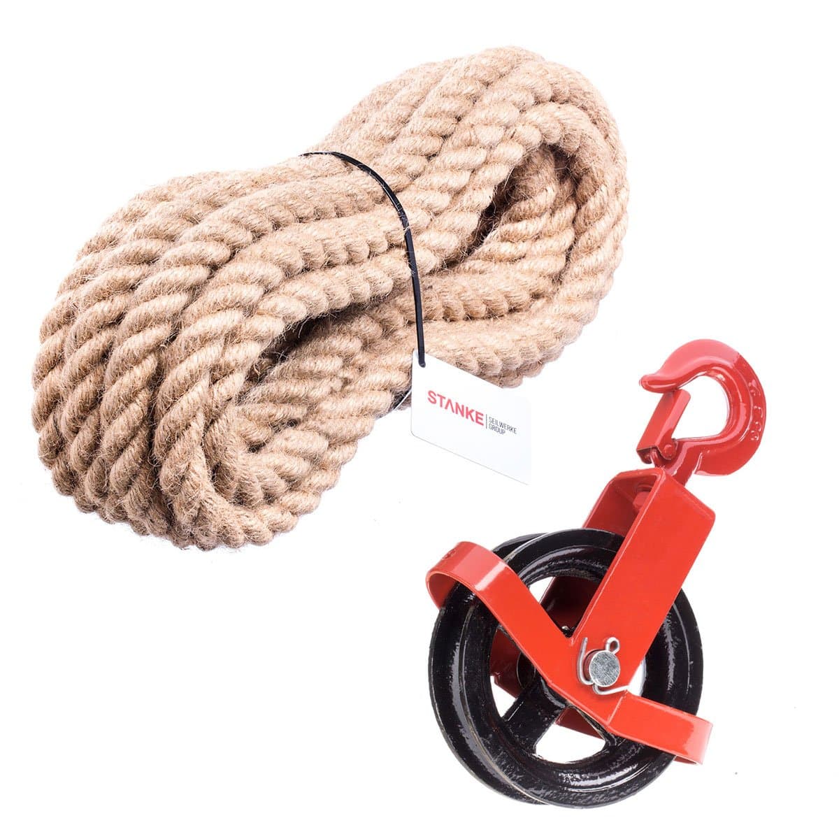 Seilwerk STANKE 125 mm Pulley Block with A Hook + Jute Rope 40 m (131 ft.) 8 mm Turnstile Winch