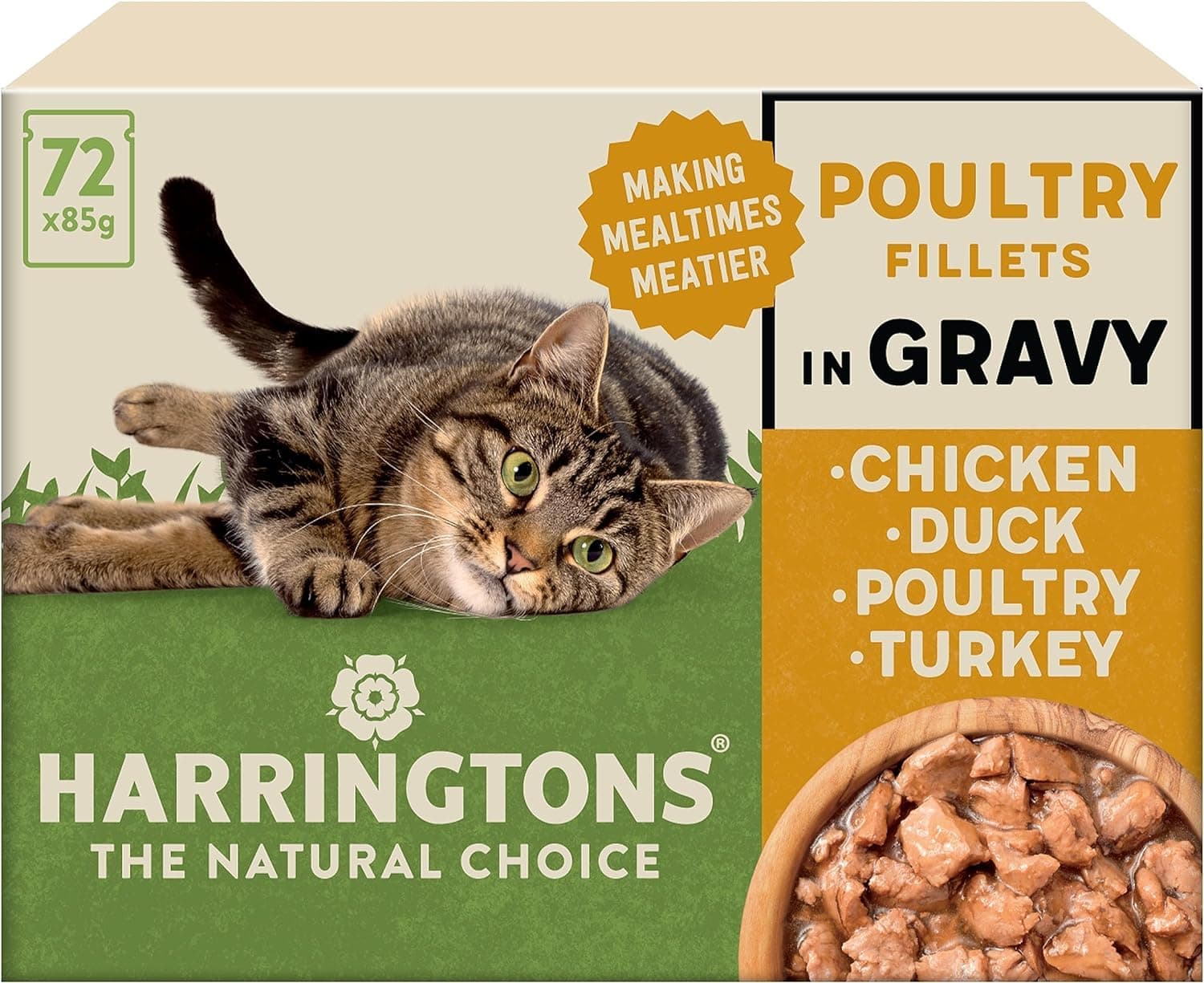 Harringtons Complete Wet Pouch Grain Free Hypoallergenic Adult Cat Food Poultry in Gravy Pack 72x85g - Chicken, Duck, Poultry & Turkey - Making Mealtimes Meatier