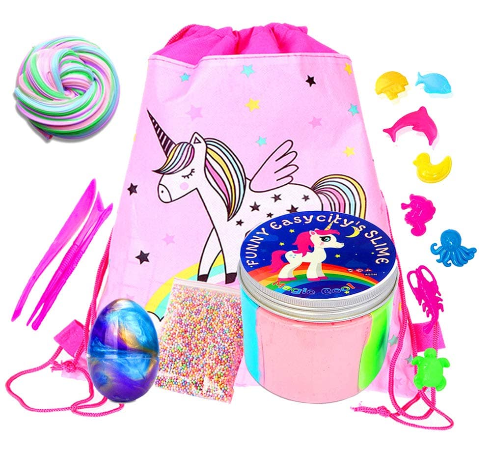 EASYCITY Unicorn Slime Value Gift Set - Includes Premium Unicorn Slime with 4 x Bonus Extras: Foam Balls, Unicorn Galaxy Egg& Eight Marine Animal Models- Stress Relief Toys for Kids