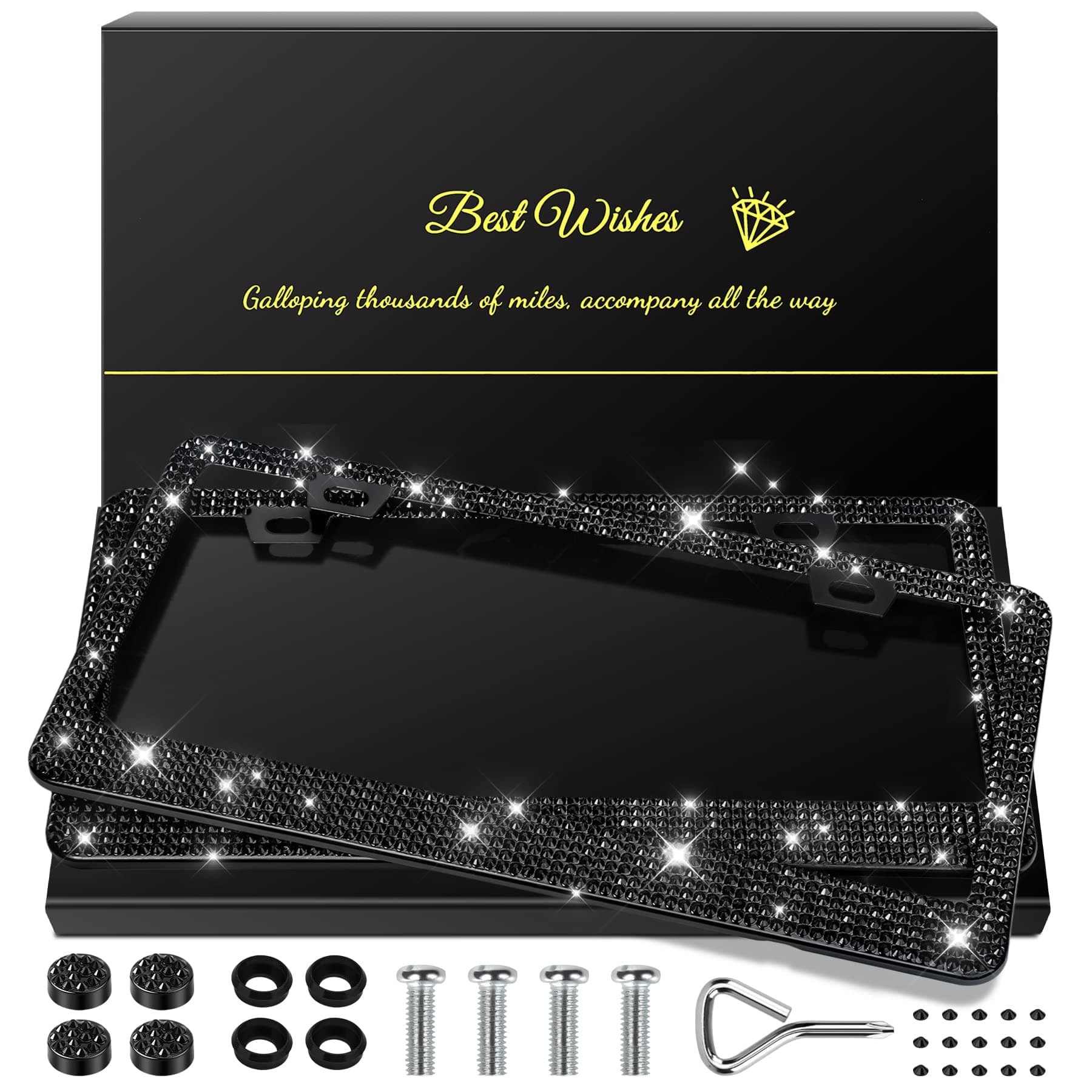 2 Pack Bling License Plate Frames for Women, Sparkly Rhinestone Diamond Car Accessories with Glitter Crystal Caps (Black)