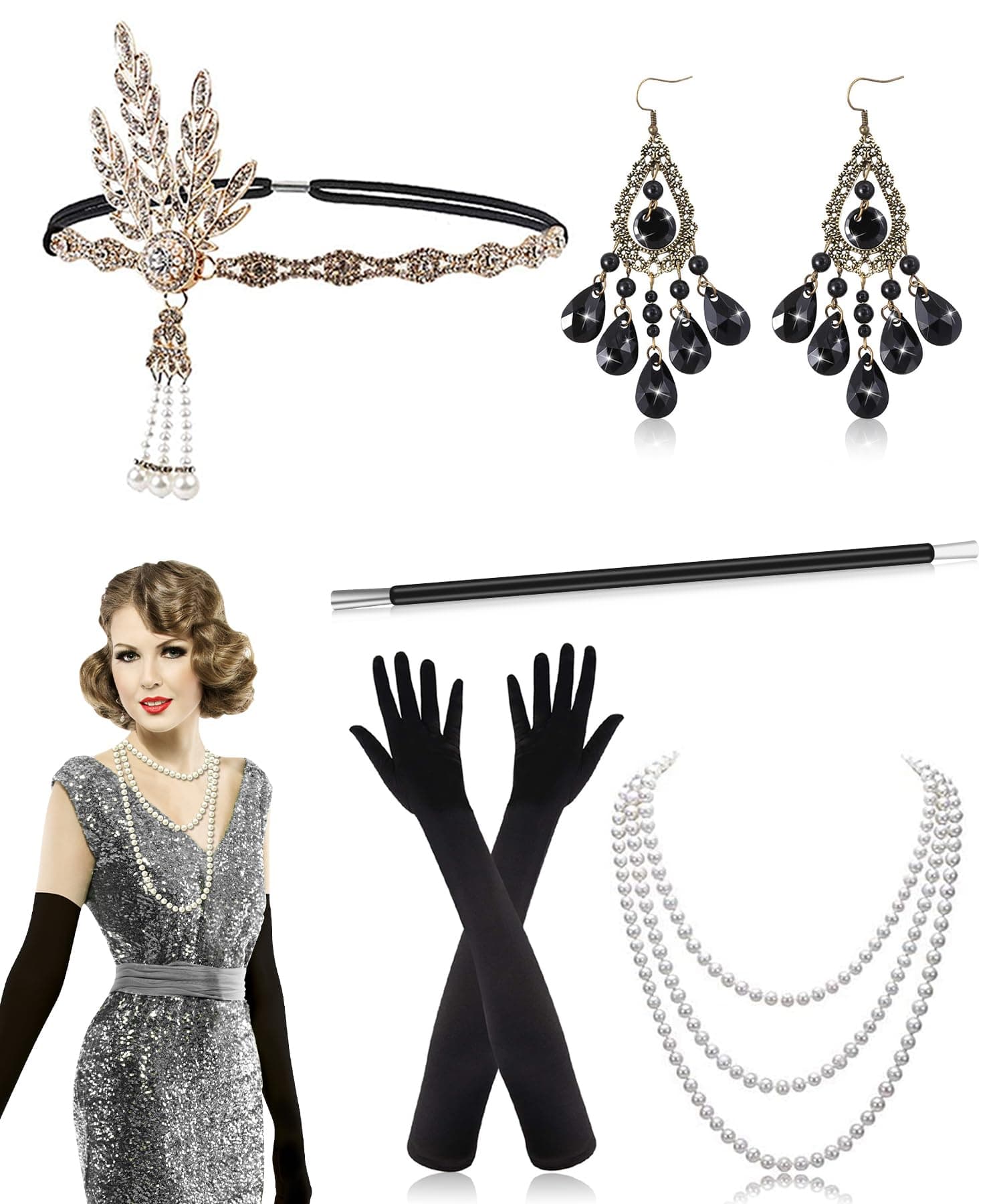 1920s Accessories for Women, Great Gatsby Accessories Women, 1920s Headpiece, Black Gloves, Fashion Necklace Earrings