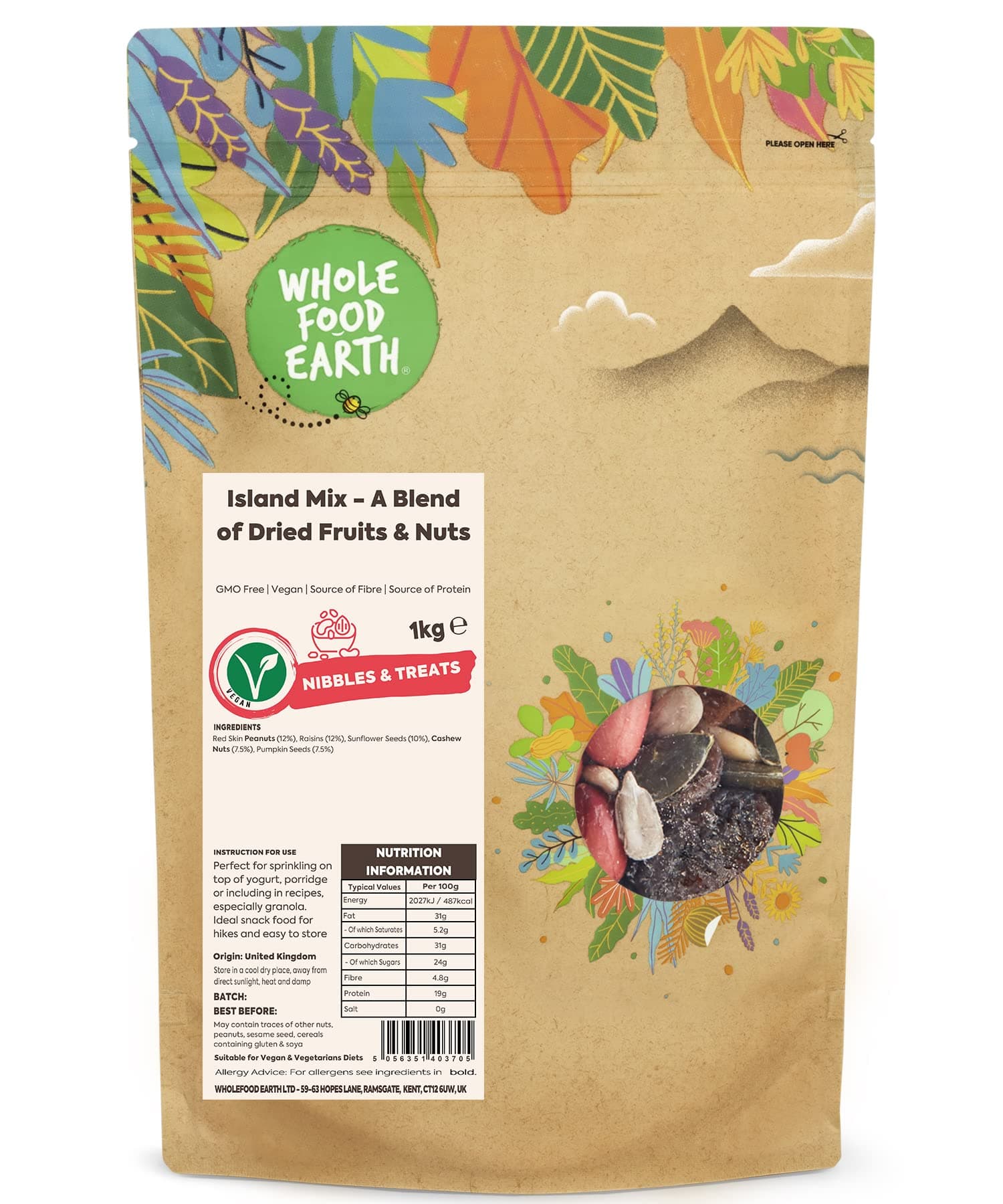 Wholefood Earth Island Mix - A Blend of Dried Fruits and Nuts 1 kg | GMO Free | Source of Fibre | Source of Protein