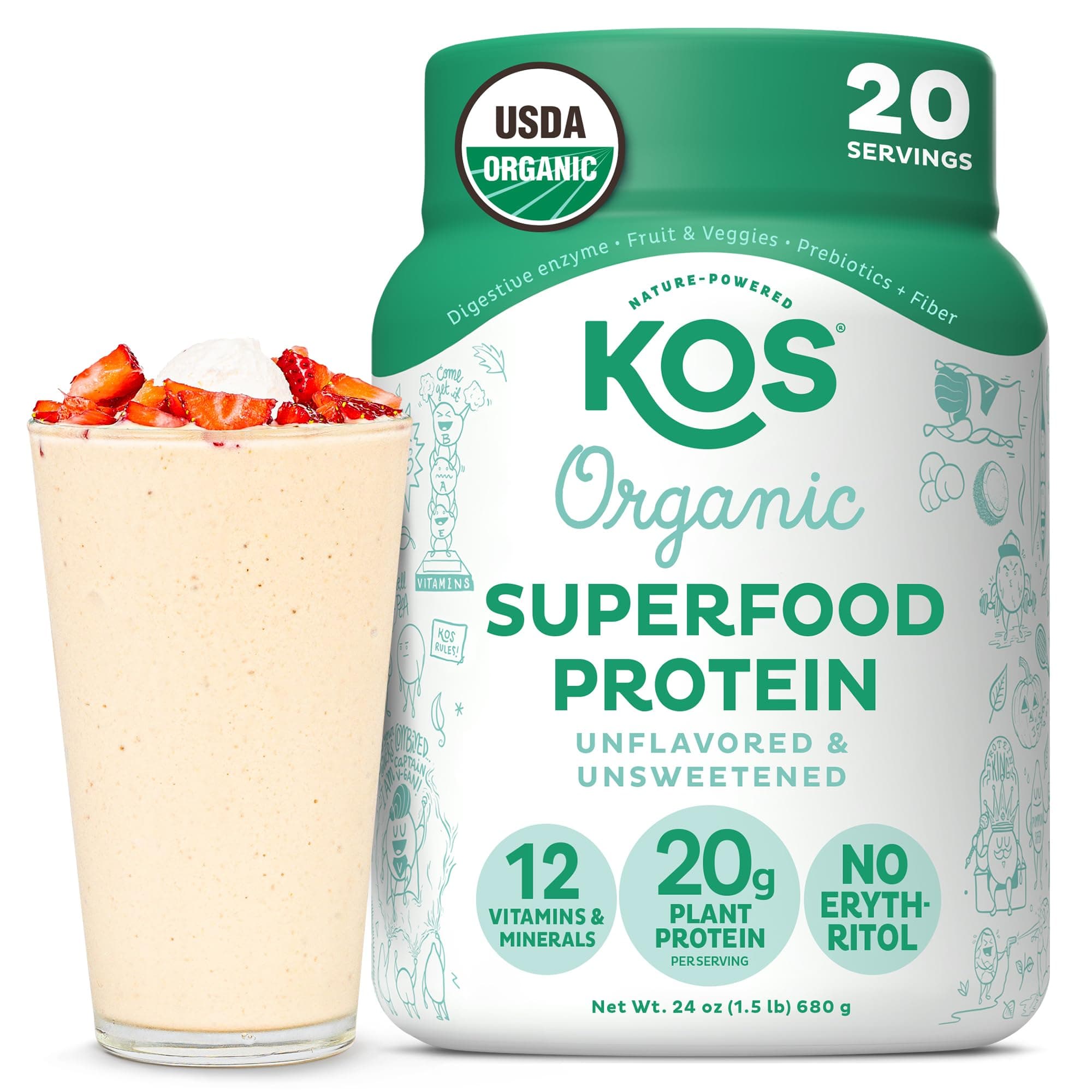 KOS Dairy Free Protein Powder - Unsweetened, Unflavored Vegan Protein Powder - Organic, Keto, Meal Replacement - 1.5 Pounds