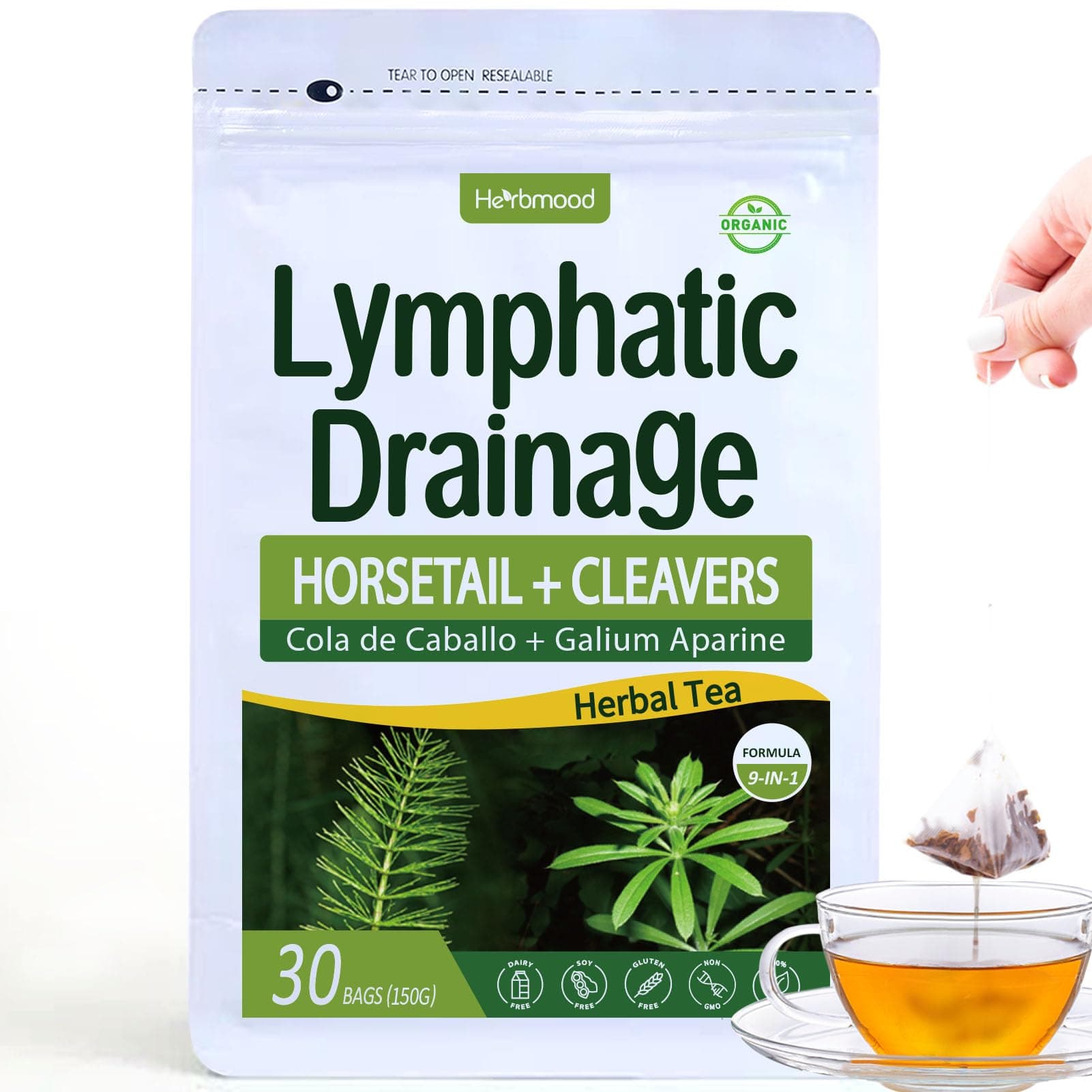 Herbmood Cleavers Lymphatic Drainage Tea Bags for Lymph System Support, Horsetail and Dandelion Organic Herbal Formula, Lymphatic Cleanse & Detox, Edema Relief. Te de Cola de Caballo Herb. 30 Bags