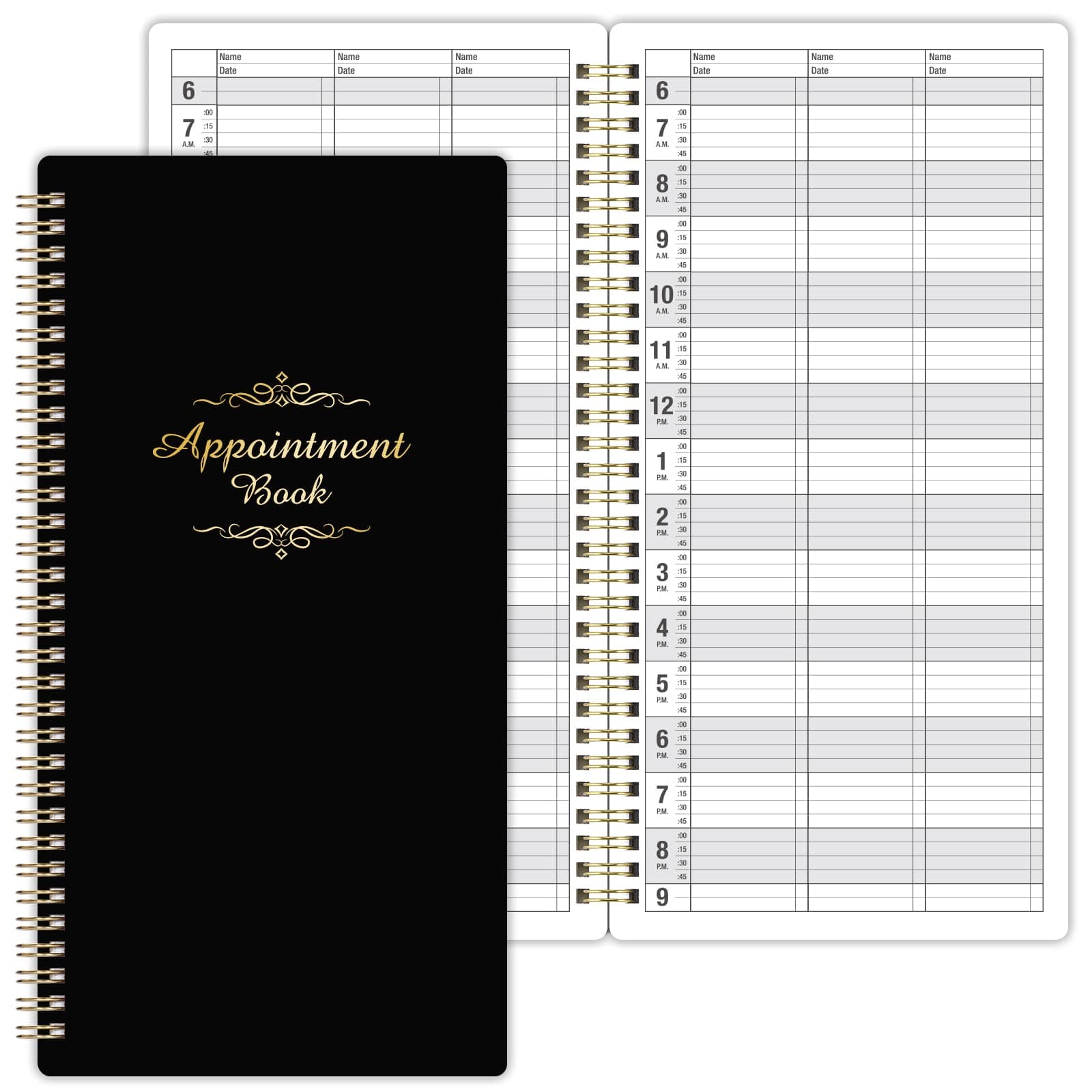 Salon Appointment Book - 15 Min Increments, 3 Cols, 200 Pages, 6.1'' x 11.54'', 6 AM - 9 PM, Undated Daily & Hourly Planner, Twin-Wire Bound, Thick Cover