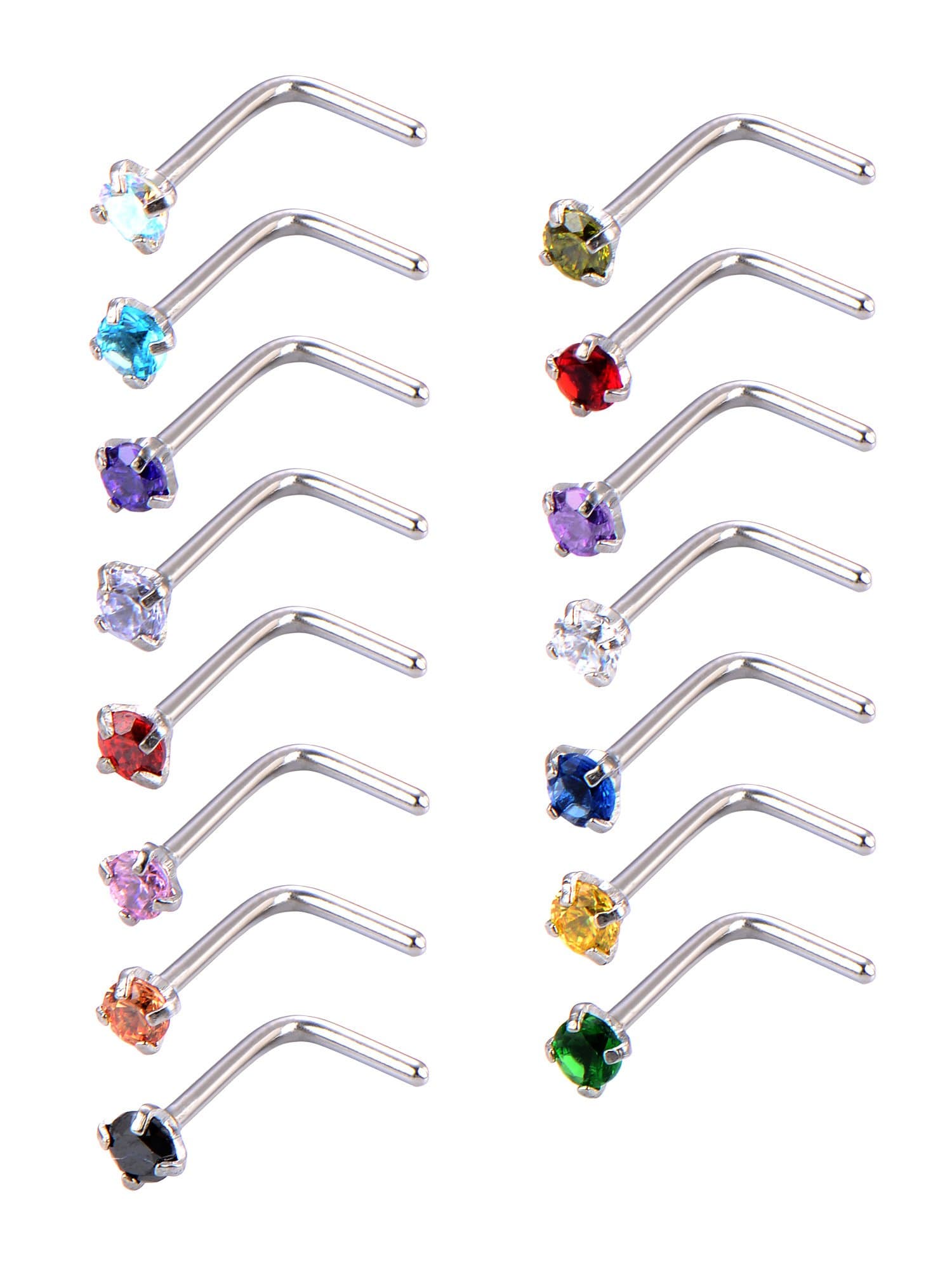 15 Pieces 20 Gauge l Shaped Nose Ring Curved Cubic Zirconia Nose Studs Bend Bar Piercing Jewellery for Women Men 15 Colors