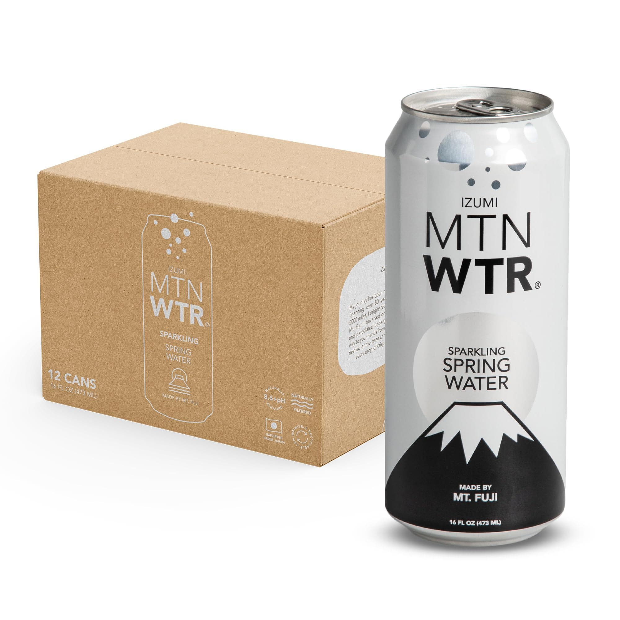 MTN WTR Sparkling Spring Water | Made by Mt. Fuji, Japan | Naturally Filtered Sparkling Spring Water in 16oz Recyclable Aluminum Cans (Pack of 12)