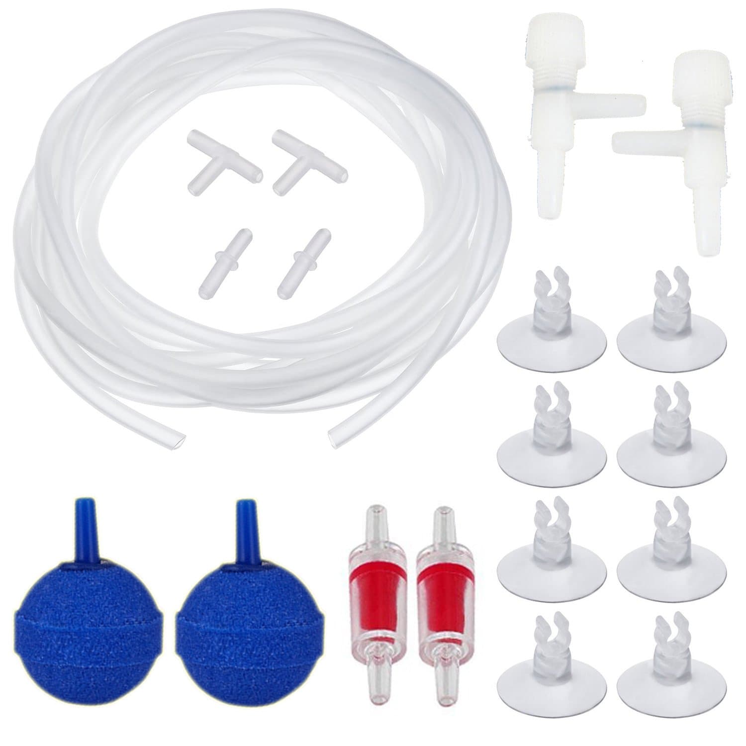 HEMCER 16.5 Feet Standard Airline Tubing Air Air Pump Accessory for Fish Tank, 2 Blue Air Outlets Balls Size 5cm Air Stone Oxygen Stone Bubble, 2pcs Aquarium Check Valve, 8 Suction Cups, 2 Stopcocks, 2 Straight Connectors and 2 T Connectors
