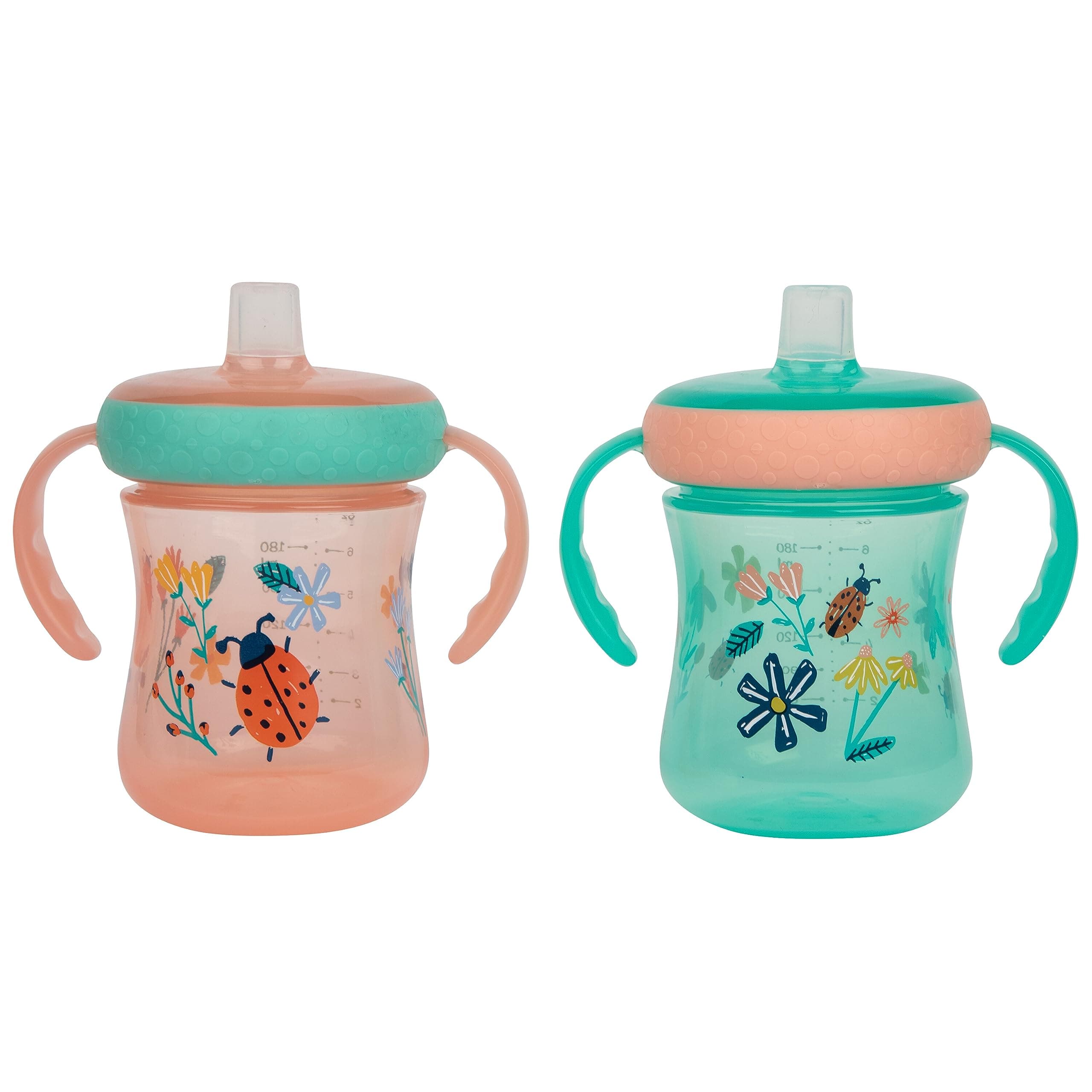 Soft Spout Sippy Cup - Toddler Trainer Cup for 6+ Months -With Handles and Leak Proof Lid - 7 Oz - Floral Ladybug Print - 2 Count
