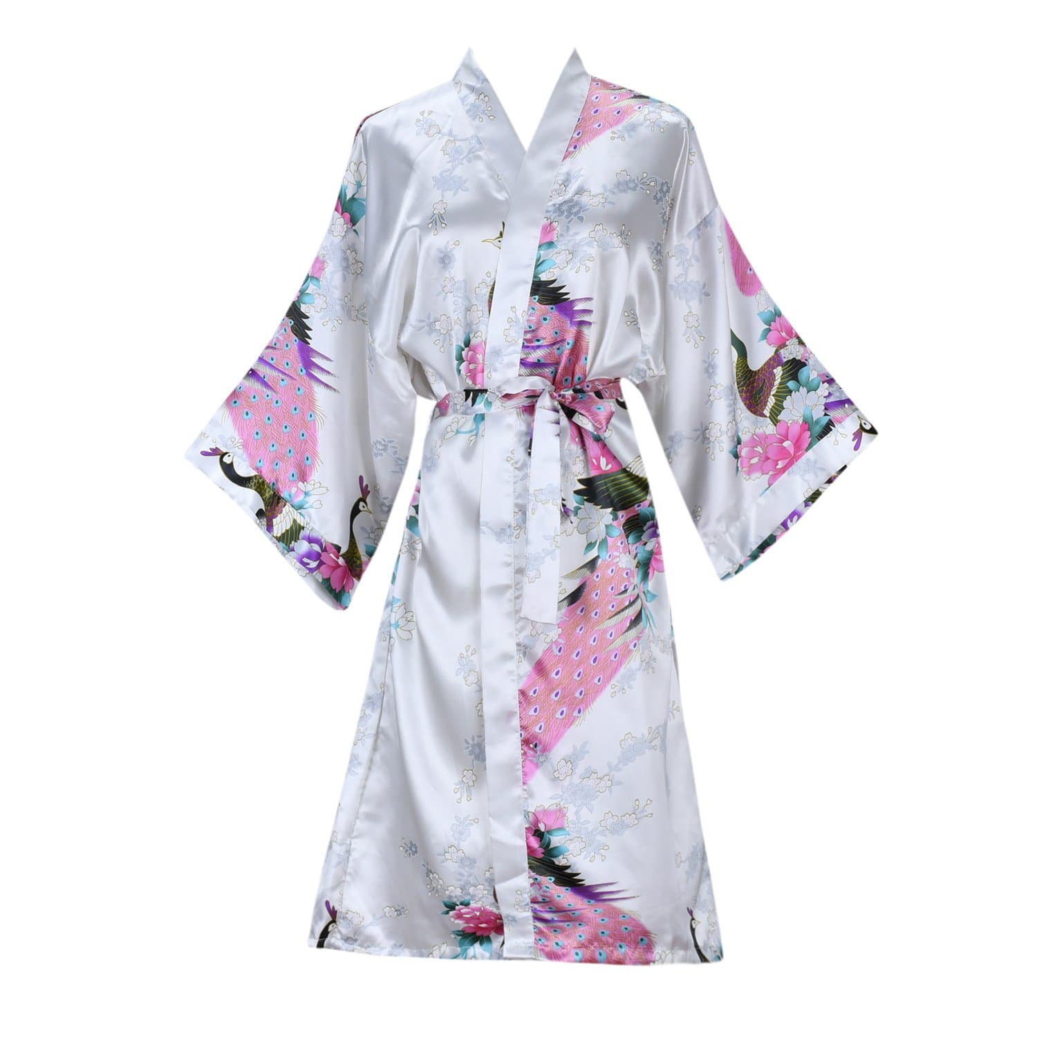 Women's Kimono Robe Peacock & Blossoms Satin Nightwear(Small,White)
