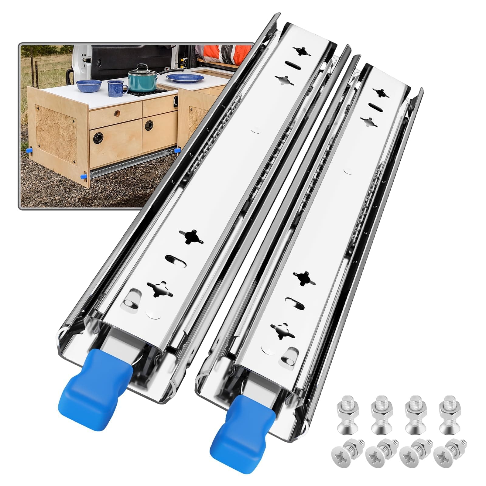 Heavy Duty Drawer Runners with Lock 750mm Ball Bearing 3 Folds Full Extension Drawer Slides Rails Locking 100kg Load Capacity Side Mount, 1 Pair