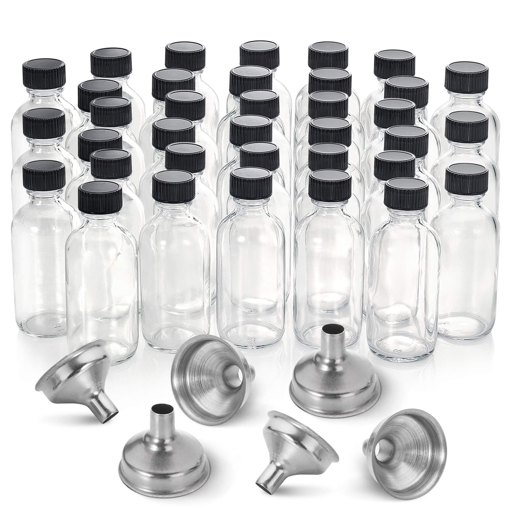 36 Pack, 2 oz Small Clear Glass Bottles w/Lid & 6 Stainless Steel Funnels - 60ml Boston Sample Bottles - Mini Travel Essential or Decorative Bottles for Potion, Juice, Wellness, Ginger Shots, Whiskey