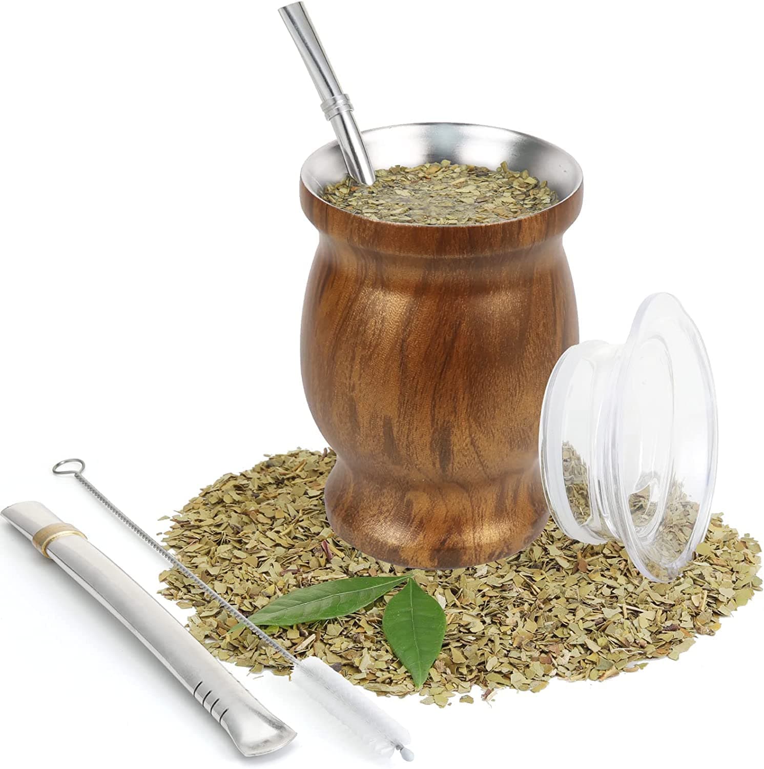 9 Oz Yerba Mate Gourd Tea Cup, Stainless Steel Double-Walled Teacup Set Traditional Mate Cup Included 2 Bombillas(Yerba Mate Straws), Yerba Mate Gourd Cup and Cleaning Brush, Wood Grain