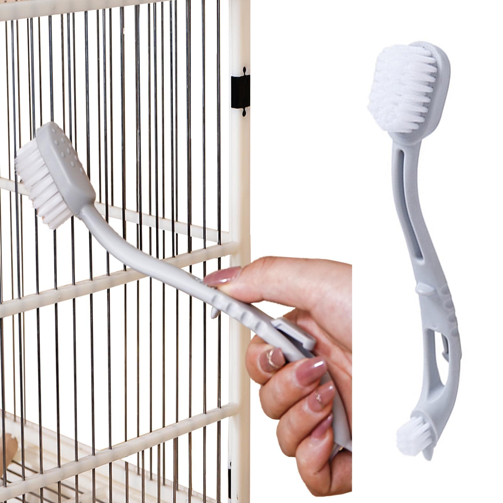 MANON ROSA Bird Cage Cleaner with Two Brush Heads Long Handle Tool for Cleaning Bird Parrot Cages Kennels Perches