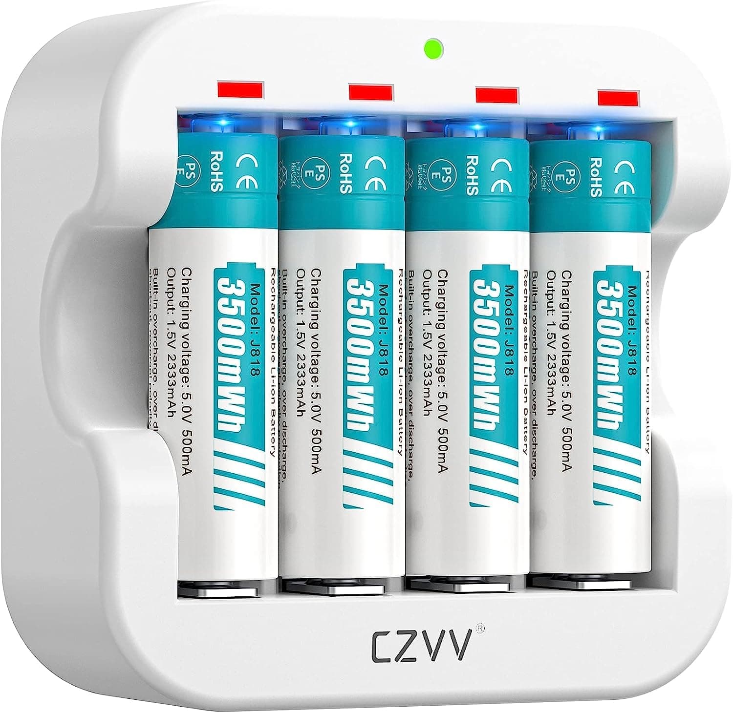 Rechargeable AA Lithium 1.5V Batteries 4-Pack, 3500mWh Full-Recharged Long-Lasting 2333mAh High-Capacity Dual A with Fast Charger Combo for Outdoor Security Blink Cameras, Cycle Times up to 1300x