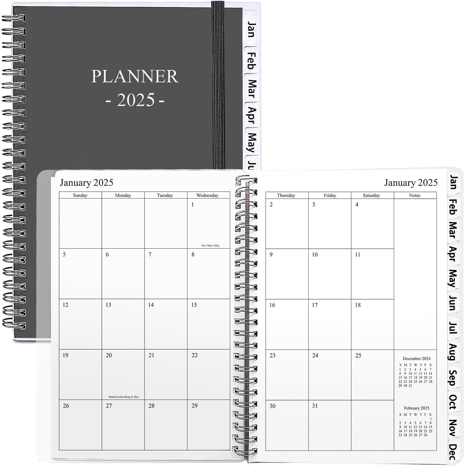 2025 Planner,January - December, Wirebound,Weekly and Monthly with Monthly Tabs Planner, Frosted Cover,6.5"x8.5", Twin-Wire Binding Calendar Notebook (Black)