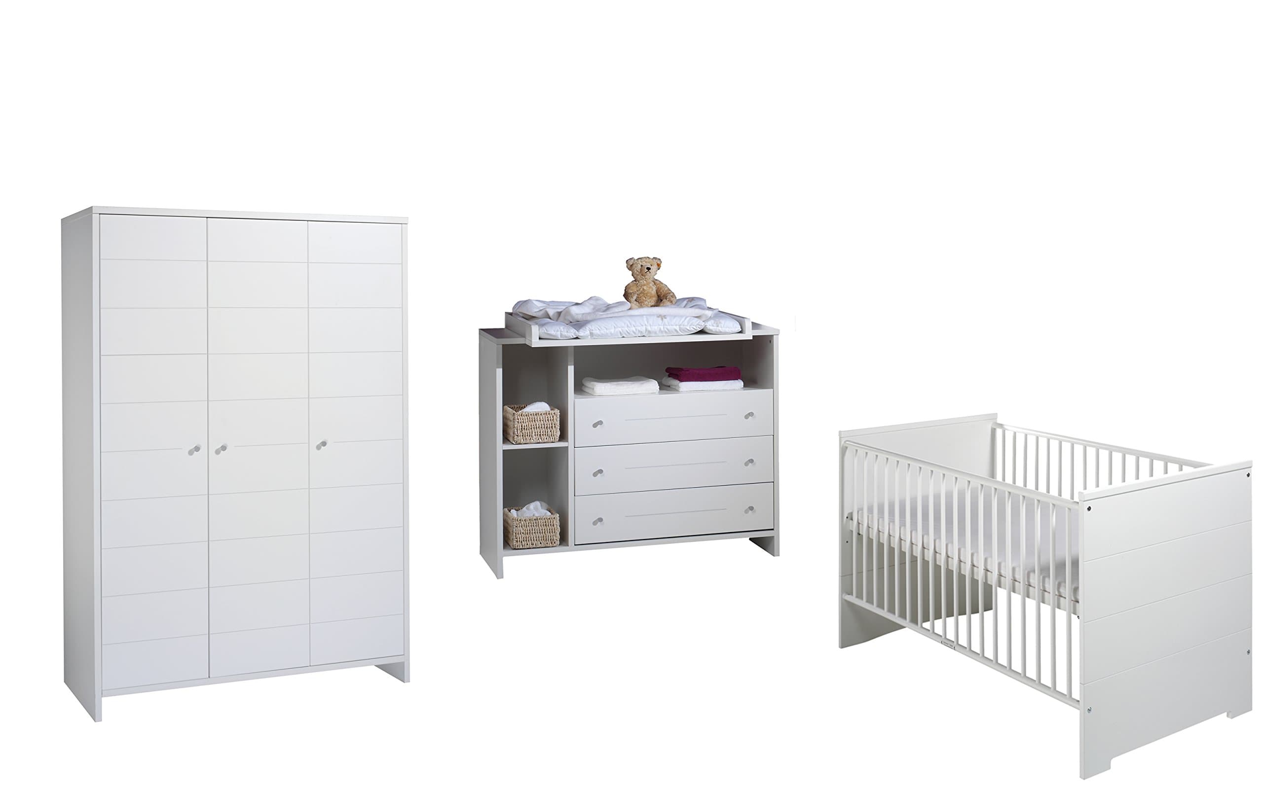 Schardt Eco Stripe Nursery Furniture Set Convertible Cot 70 x 140 cm with Removable Side Panels Changing Table with Nappy Changing Table and 3 Door Wardrobe