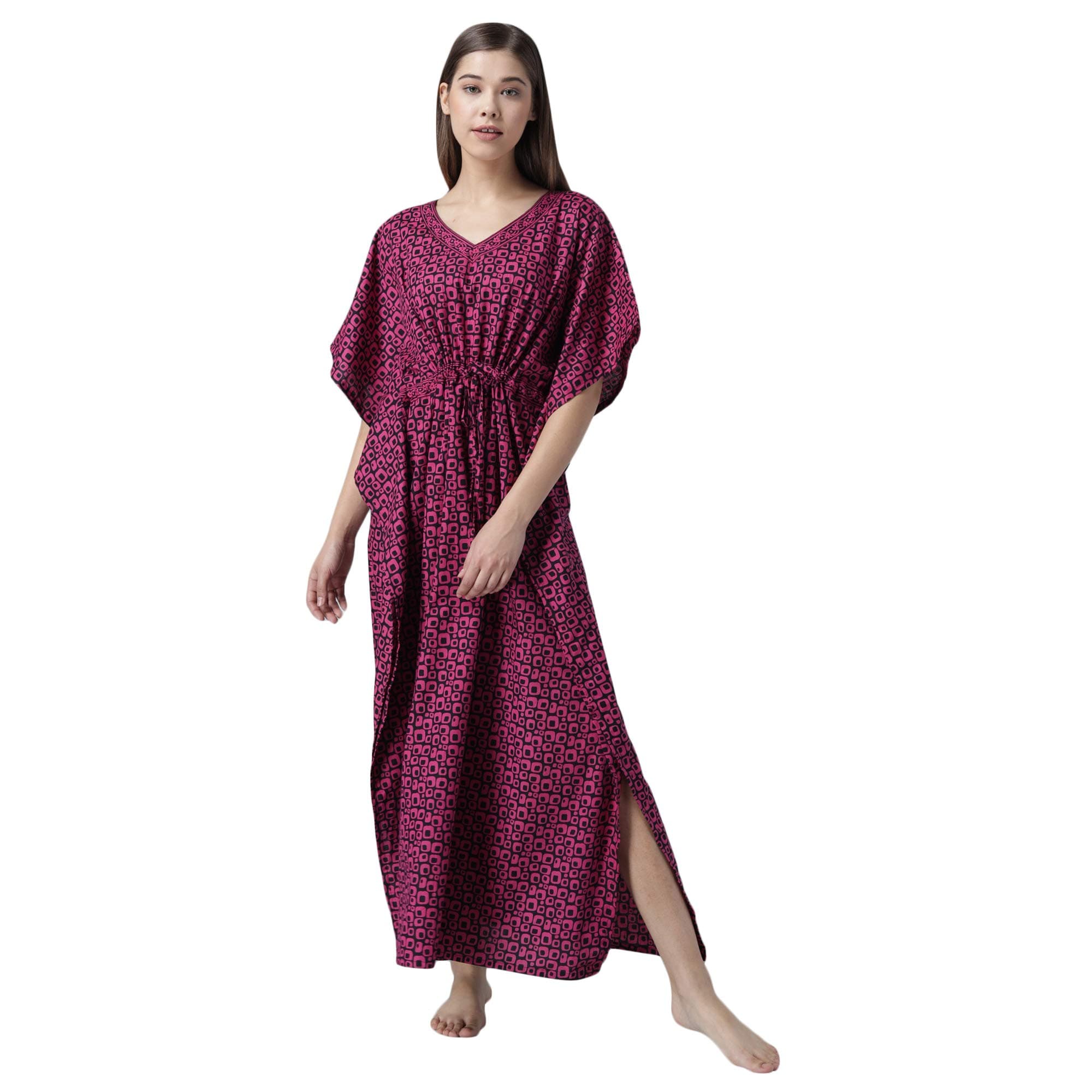 Shararat Women's Cotton All Over Print Maxi Kaftan Nighty (KAFT_Nighty_DP_Dark Pink_Free Size)